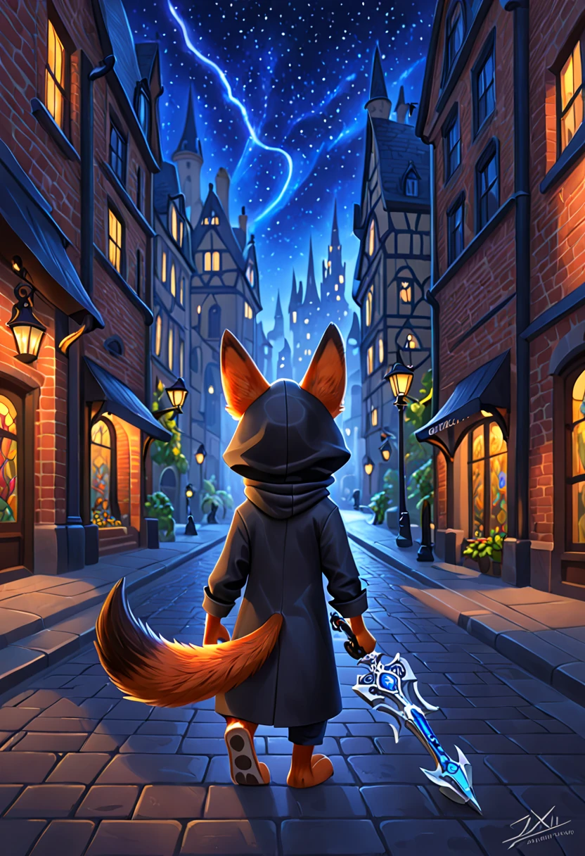 Nick the fox in Zootopia 、I'm walking quietly through the streets of Zootopia at night 、 walking quietly through the streets of Zootopia at night wearing a shiny black hood 、 from the XIII engine。 holding a keyblade in the Kingdom Hearts world 。 High Quality Images 。Kingdom Hearts painting style 。