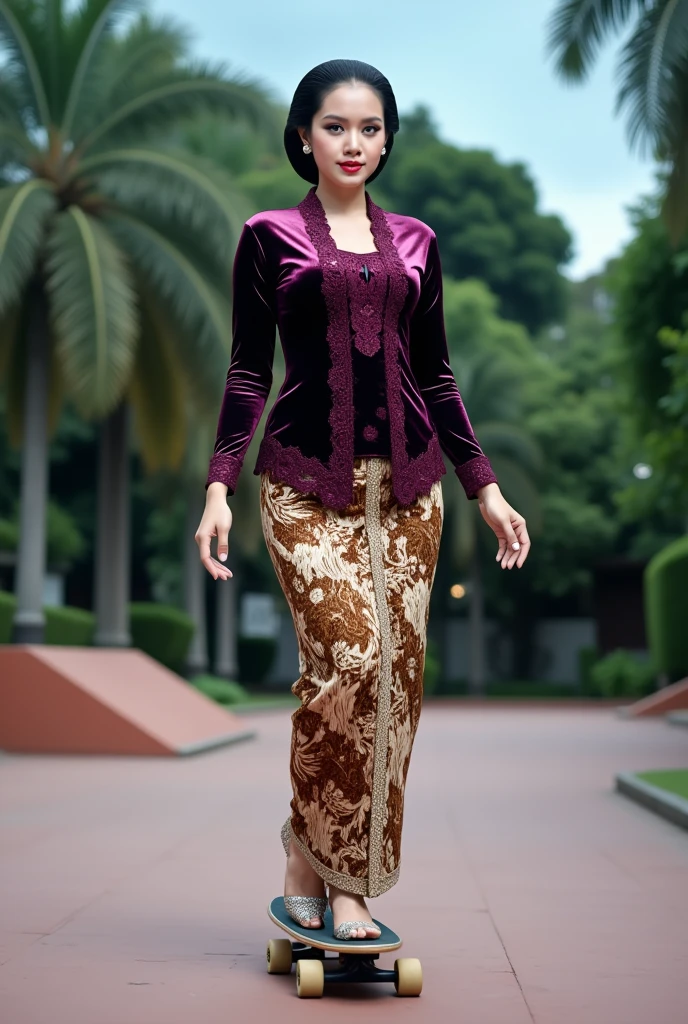 a beautiful young beautiful woman playfully skateboarding in a skate park setting. She is wearing an intricate dark purple glossy satin kebaya with lace embroidery patterns along the front and sleeves, paired with a traditional brown and cream batik thigh skirt with complex floral and geometric designs. Her hair is styled in a neat and polished low bun with a center part, and she has a calm, confident expression with makeup featuring bold red lips and perfectly defined eyebrows. She is wearing elegant silver or pearl earrings. The background consists of a tropical garden park under blue sky atmosphere. The overall image has realistic detailing, soft shadows, and vibrant color contrast.
