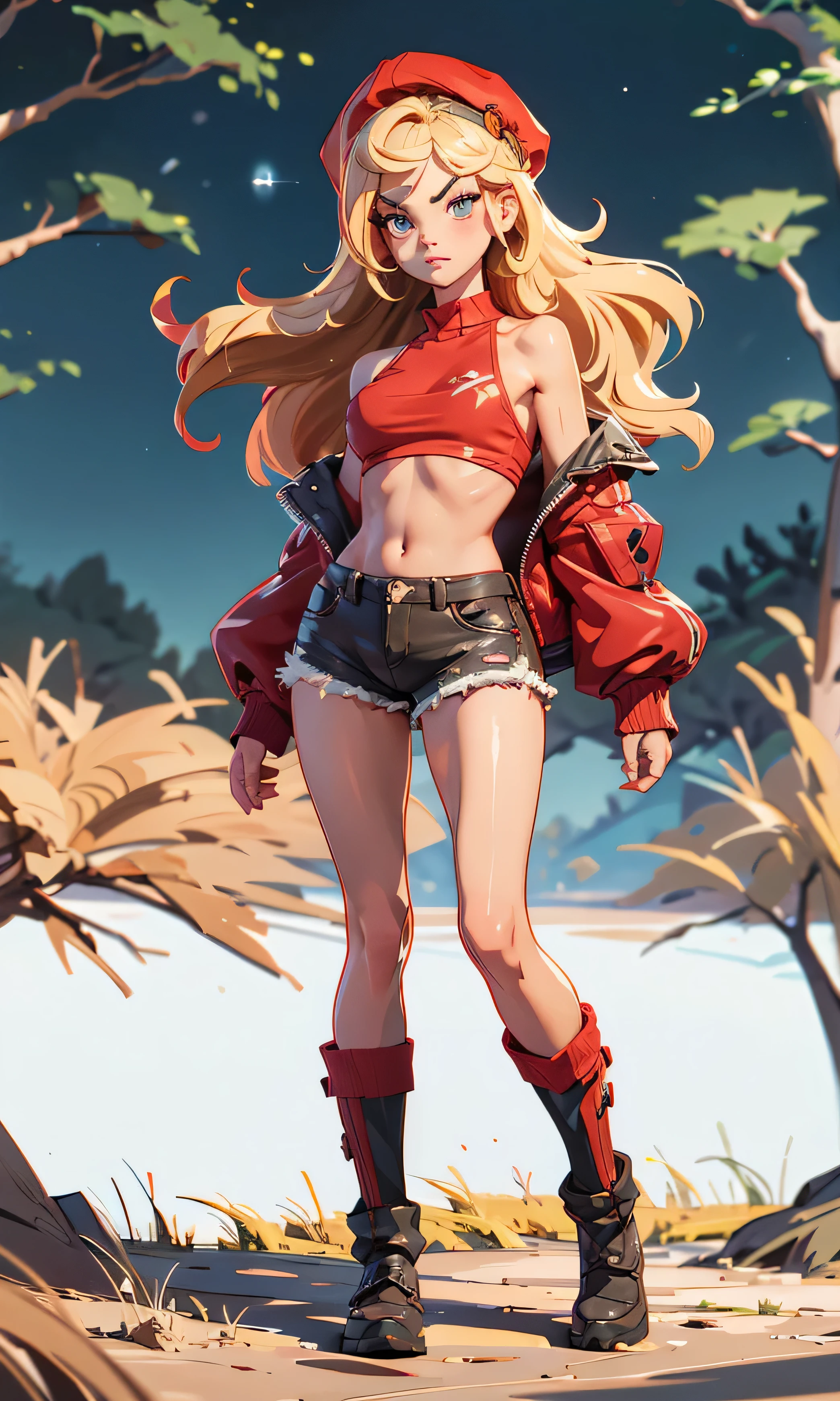 Masterpiece, 1 girl, beautiful, slim, head on, looking at the spectator, long hair, blond hair , brown eyes, arched eyebrows , Full body , pretty legs, abdomen plano, Kpop outfit , wool cap, Red micro top , Top short red, bare shoulders, neckline, Ripped top , red shorts, red winter boots, (((desnuda))), in the woods, dark sky, dry trees ,