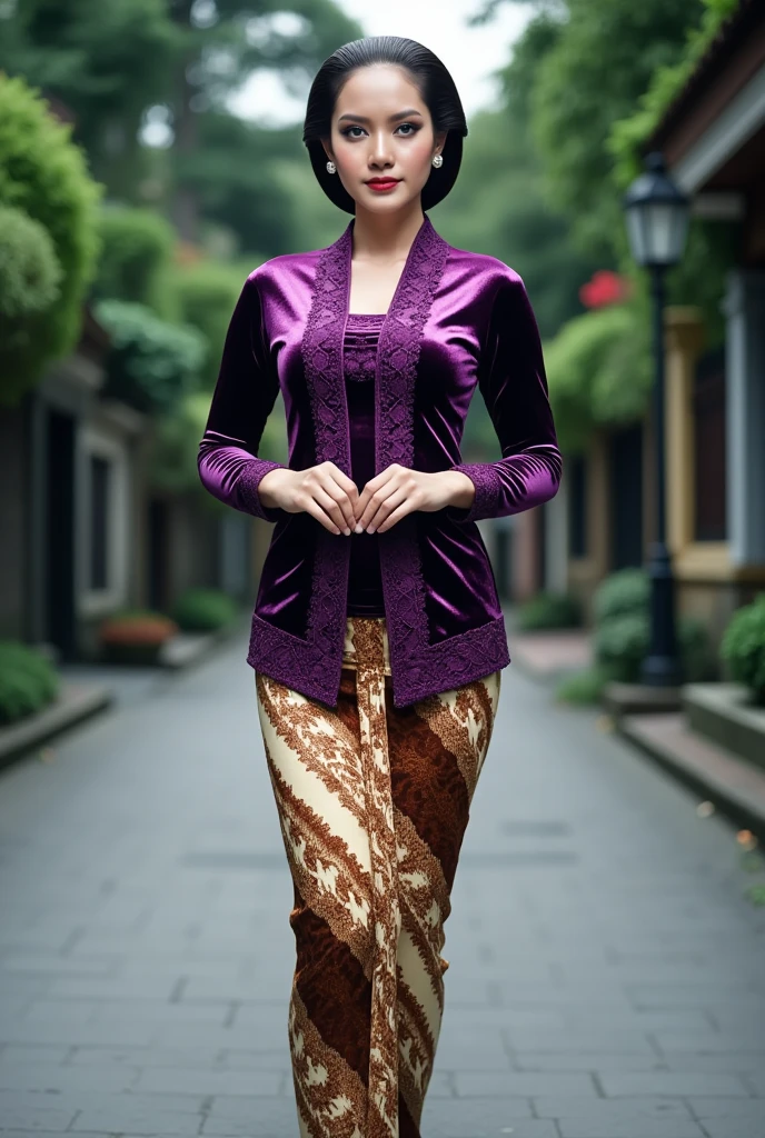 a beautiful young beautiful woman playfully skateboarding in a skate park setting. She is wearing an intricate dark purple glossy satin kebaya with lace embroidery patterns along the front and sleeves, paired with a traditional brown and cream batik thigh skirt with complex floral and geometric designs. Her hair is styled in a neat and polished low bun with a center part, and she has a calm, confident expression with makeup featuring bold red lips and perfectly defined eyebrows. She is wearing elegant silver or pearl earrings. The background consists of a tropical garden park under blue sky atmosphere. The overall image has realistic detailing, soft shadows, and vibrant color contrast.
