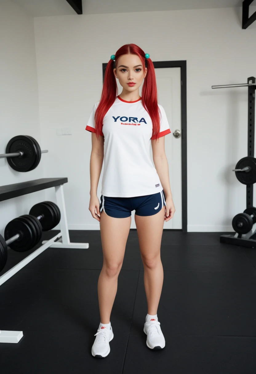 ((4k)) ((fullHD)) ((perfect face)) beautiful girl red-haired wearing gym female clothes the mirror reflects a crowded gym  hair this girl in style pigtails full body