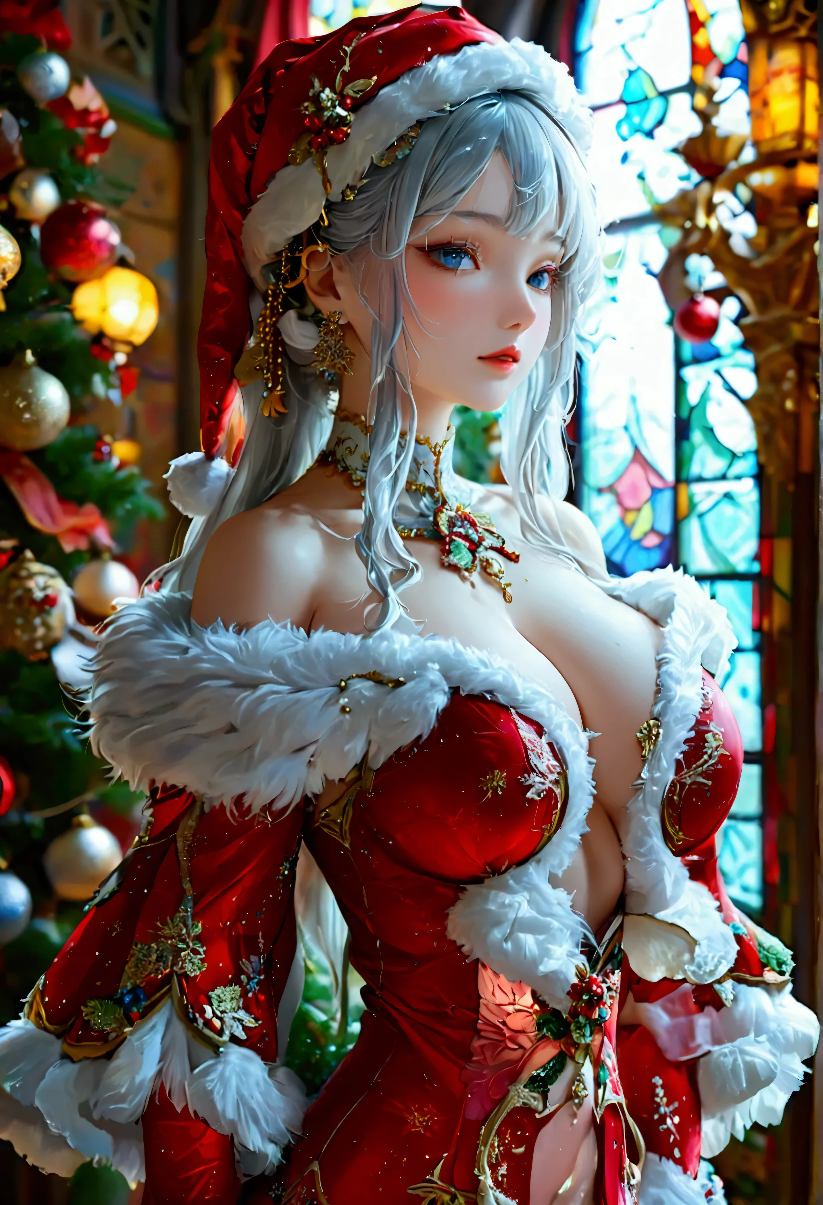 Highest quality, Super quality, 16K, Incredibly absurd, Very detailed, 2.5D, delicate and dynamic, palace, Stained glass, chandelier, Complex Light, , , , Small face, Extremely delicate facial expression, Delicate eye depiction, Extremely detailed hair, (full body photo:1.3), erotic, sole sexy Japanese lady, healthy slim body, 22 years old lady, emperor,  ((large breasts:1.2), (huge breasts:1.2), (Uplifted and well-defined bust:1.2), (lifted chest:1.2), (perky breasts :1.2),(deep cleavage:1.4),, white silver long hair, sexy long legs, Glowing Skin, Soft Skin, wearing a christmas costume, A complex costume, Costumes in complex colors, Are standing, 