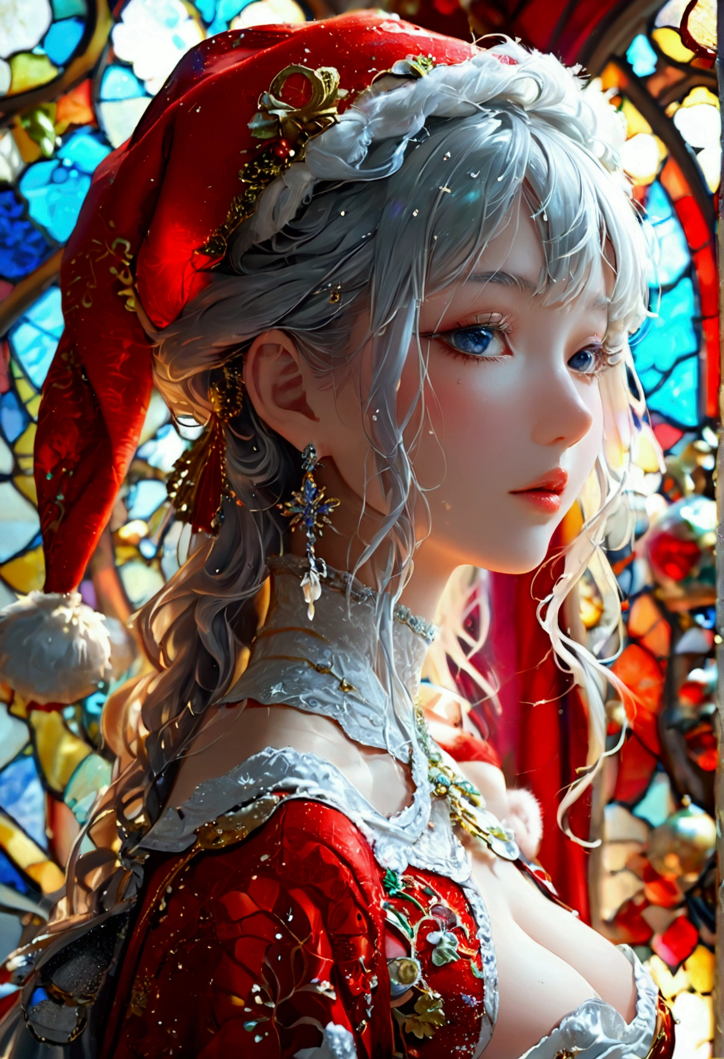 Highest quality, Super quality, 16K, Incredibly absurd, Very detailed, 2.5D, delicate and dynamic, palace, Stained glass, chandelier, Complex Light, , , , Small face, Extremely delicate facial expression, Delicate eye depiction, Extremely detailed hair, (full body photo:1.3), erotic, sole sexy Japanese lady, healthy slim body, 22 years old lady, emperor,  ((large breasts:1.2), (huge breasts:1.2), (Uplifted and well-defined bust:1.2), (lifted chest:1.2), (perky breasts :1.2),(deep cleavage:1.4),, white silver long hair, sexy long legs, Glowing Skin, Soft Skin, wearing a christmas costume, A complex costume, Costumes in complex colors, Are standing, 