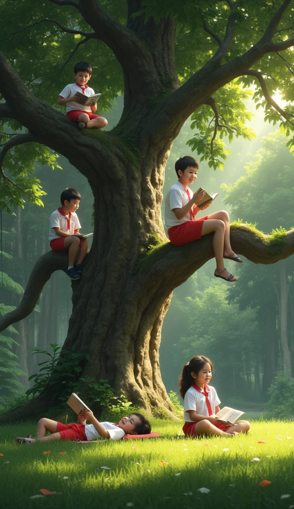 Draw a very realistic picture of a group of five schoolchildren, aged around , wearing traditional Indonesian primary school uniforms: white short-sleeved shirts and red shorts. They are gathered in the middle of a dense and tranquil forest, surrounded by tall trees with lush green foliage and soft sunlight filtering through the thick canopy above. Two ren sat on the trunk of a crossing tree, their legs dangling comfortably as they engrossed themselves in a book. One  lies on his back on the soft grass, a book open above his face, as he enjoys the serenity of nature. Another  lies sideways on the grass, resting on one elbow, smiling gently as they turn the pages of their book. A fifth  sits cross-legged in the shade of a large tree leaning back, focused on reading. A majestic old tree with outstretched roots and a thick trunk became the centre point where the ren gathered. Surrounding it was a lush and vibrant expanse of green grass, dotted with fallen leaves and small wild flowers for added detail. The lighting was soft and golden, with rays of sunlight filtering through the dense foliage above, creating mottled patterns of light and shadow on the forest floor and the ren. The rays of light illuminate the tiny floating dust particles, adding a magical and serene quality to the image. The background consists of