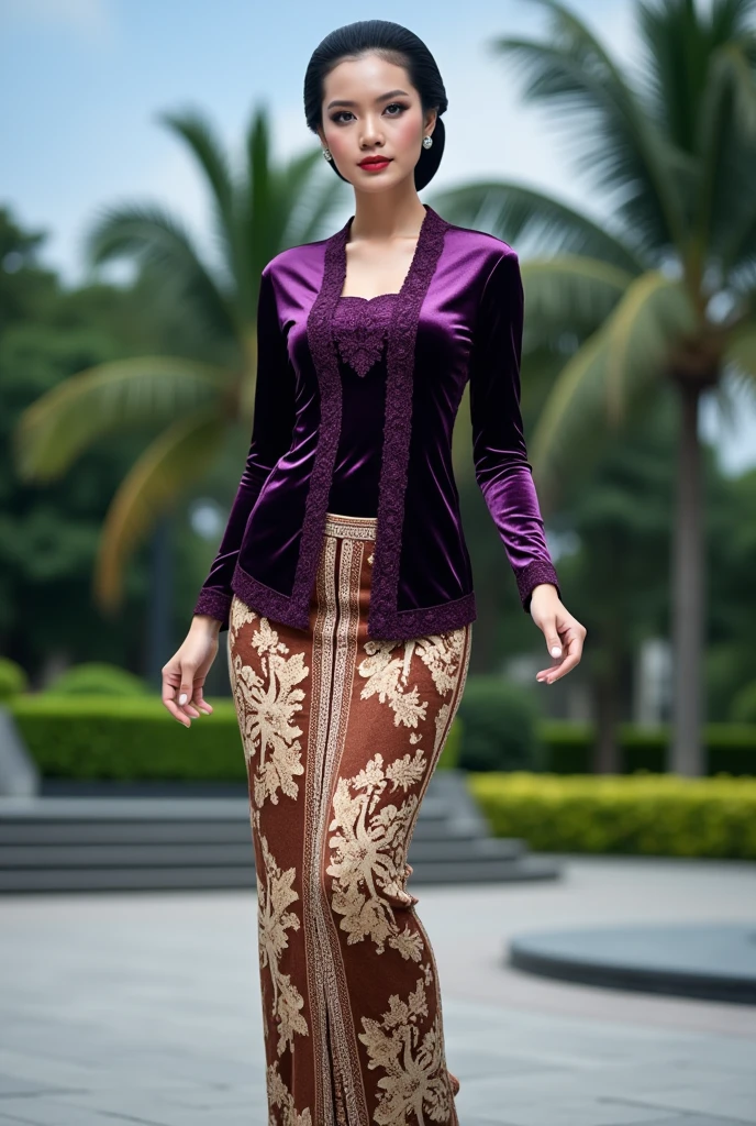 a beautiful young beautiful woman playfully skateboarding perform freestyle trick in a skatepark setting. She is wearing an intricate dark purple glossy satin kebaya with lace embroidery patterns along the front and sleeves, paired with a traditional brown and cream batik thigh skirt with complex floral and geometric designs. Her hair is styled in a neat and polished low bun with a center part, and she has a calm, confident expression with makeup featuring bold red lips and perfectly defined eyebrows. She is wearing elegant silver or pearl earrings. The background consists of a tropical garden park under blue sky atmosphere. The overall image has realistic detailing, soft shadows, and vibrant color contrast.
