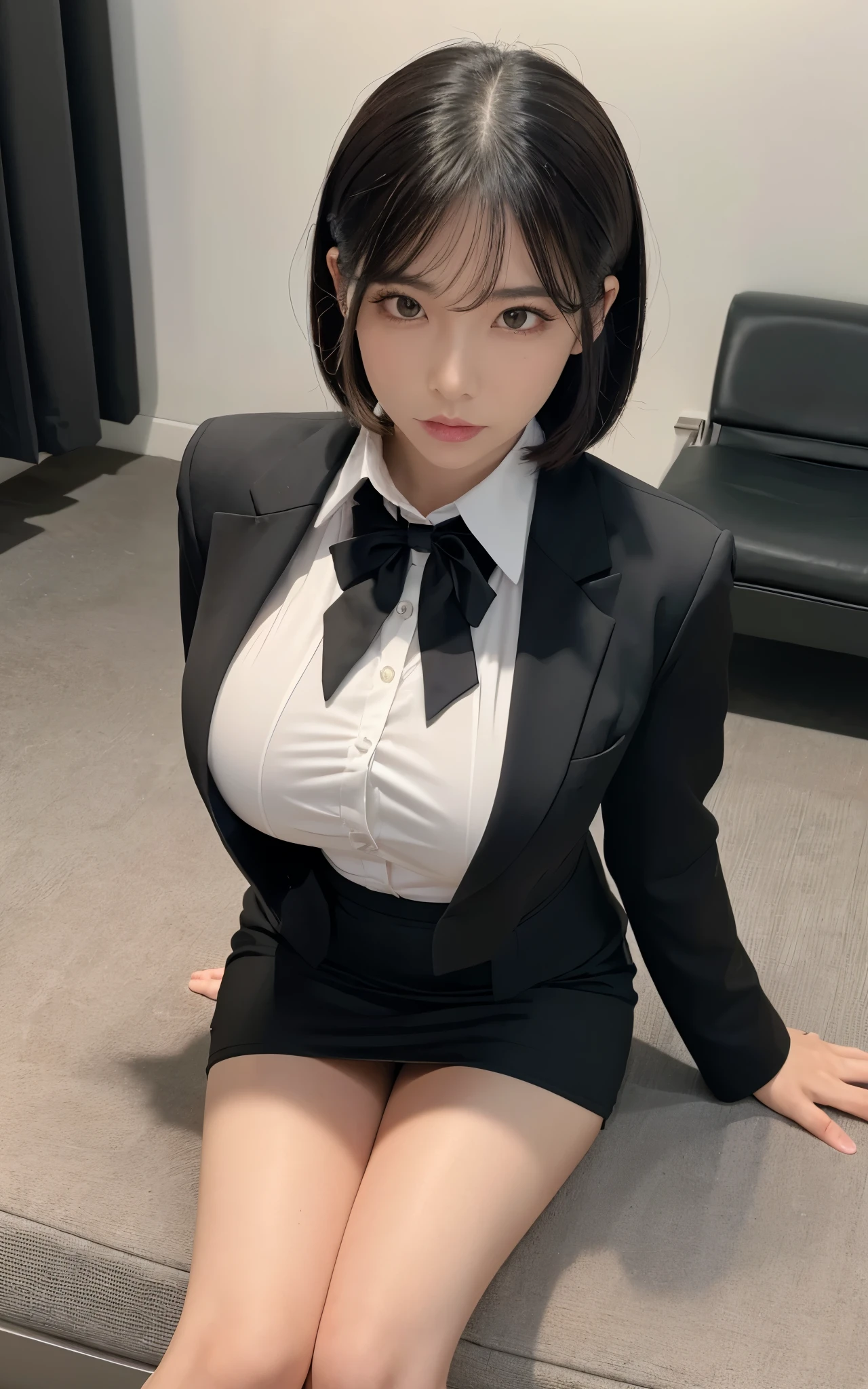A composition that captures the whole body,（First from the bottom.5, Young Japanese female new employee, Black business suit set, (Black jacket, White shirt、.. Black Pencil Skirt), hands onArrogant look, (disdain, Single eyelid, Narrow eyes, Brown eyes, Thick and plump lips, Strong jaws), Cheeky, banned Black Hair, Big Breasts, attractive expression, dominatrix, female dominant, foot worship, goddess, New business person