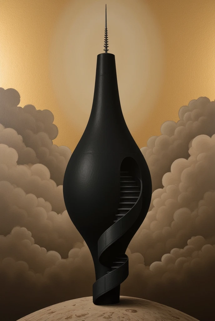 masterpiece, style,only use two-color abstract painting in ( dark black) and ( bronze ), jet black tower shaped like an hourglass ,Tower without roof , spiral staircase upside down , metal spine-like pillar penetrates the sky, The middle floor of the tower is blocked by clouds , high image quality, Minimalism 