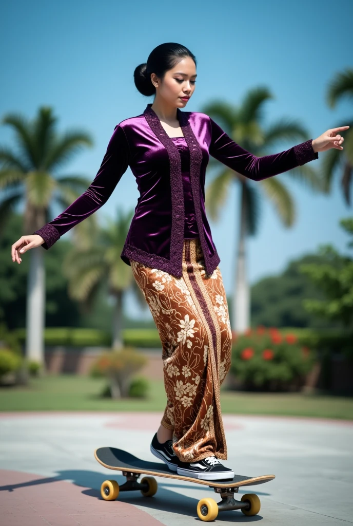 a beautiful young beautiful woman playfully skateboarding perform freestyle trick in a skatepark setting. She is wearing an intricate dark purple glossy satin kebaya with lace embroidery patterns along the front and sleeves, paired with a traditional brown and cream batik thigh skirt with complex floral and geometric designs. Her hair is styled in a neat and polished low bun with a center part, and she has a calm. She is wearing vans sneakers. The background consists of a tropical garden park under blue sky atmosphere. The overall image has realistic detailing, soft shadows, and vibrant color contrast.
