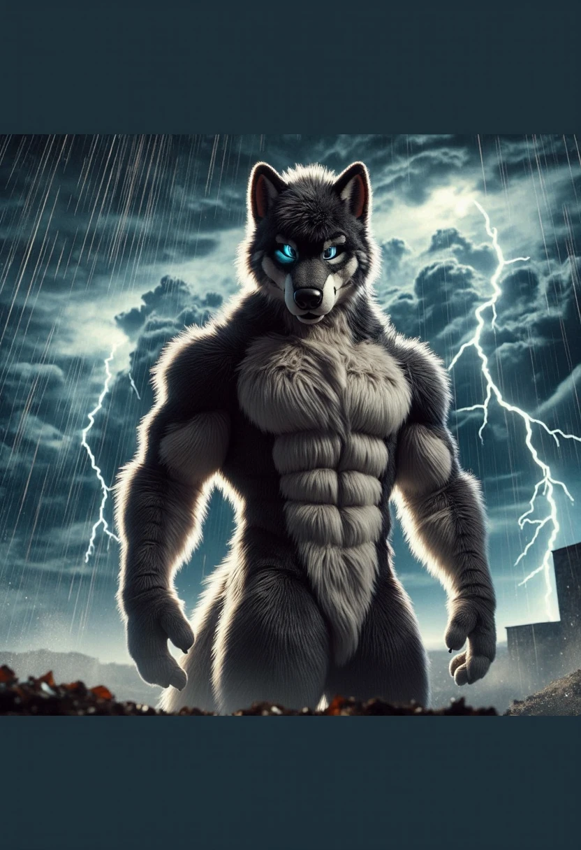 A hyperrealistic 3D render of a fursuit wolf male muscular standing resolutely in the middle of a violent thunderstorm. The sky is dark, filled with ominous clouds and flashes of lightning that illuminate the wolf's powerful frame. His fur is a mix of deep grey and black, with the storm’s fury creating dramatic reflections on his sleek coat. The wolf's eyes glow faintly, his expression unwavering and fierce as the wind howls around him. The environment is chaotic, with debris swirling in the wind and rain falling in torrents, but the wolf stands his ground. The scene is rendered in Ultra HD 8K, with cinematic realism and photorealistic details, capturing the intensity of the storm and the fierce energy of the wolf. The CyberRealistic lighting amplifies the contrast between the wolf’s dark form and the flashes of lightning, making the character stand out against the chaotic background.