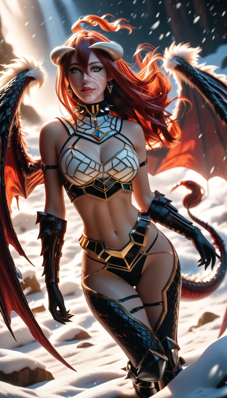 Albedo(1girl)(solo)(black_hair) (dragon_horns)(dragon_tail)(navel)(dragon_girl)(dragon body),(dragon skin)(breasts)(spikes) (claws) (collar) (red_lips)(looking_at_viewer) (bangs)(dragon foot)(dragon_wings) (blunt_bangs)(medium_breasts)( long_hair)(yellow_eyes)(side locks)( jewelry) (cowboy_shot)( fur scales skin) (earrings) (flying)( black armoured )(gothic black dragon armor)((Masterpiece, best quality))(Score_9, score_8, score_7)(perfect hands) (Masterpiece)(Best Quality)(Expressive Eyes)( Perfect Face)(Perfect Eyes)(Ultra HD)(Accurate, Anatomically Correct) (Textured Skin)(Ultra Detailed)( high detail)( high quality)(high resolution_8K) (Clear facial features)(realistic skin details)(unity 8k wallpaper)(illustration)( extremely detailed CG)(perfect anatomy)1girl, solo, Yeti, Yeti_girl, yeti skin, fur scales, Yeti body, Yeti legs, Yeti succubus girl, fur wings, fur_demon_wings, fur tail , fur demon tail, snow background, snowing