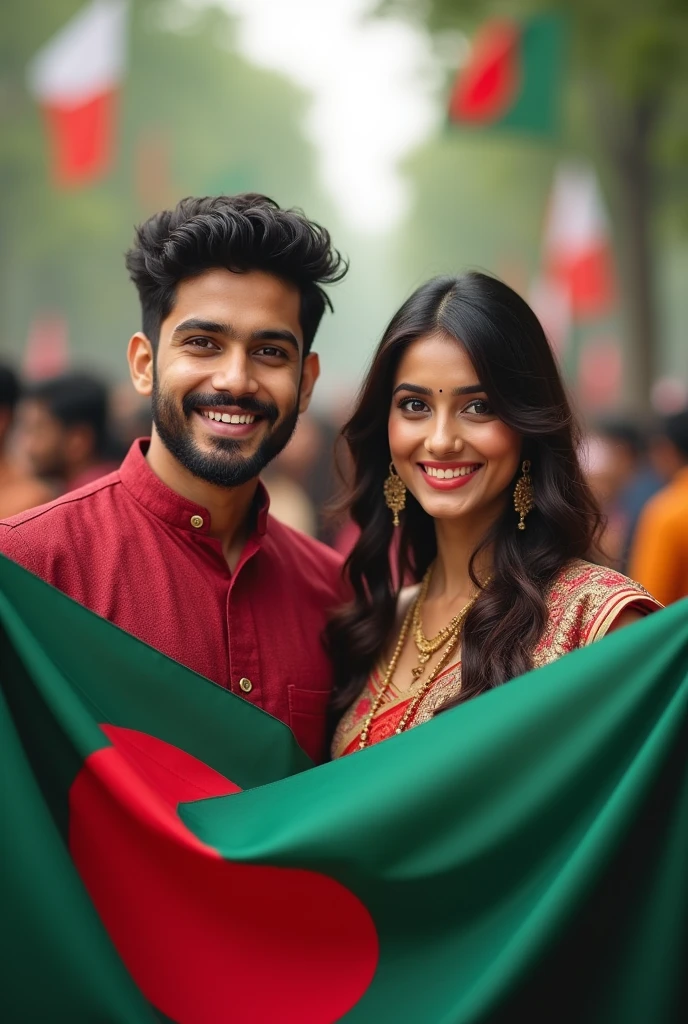Ali and Sarah, standing proudly outside their home, raising the Pakistani flag on a pole. They are joyfully shouting 'Pakistan Zindabad!' while green and white buntings flutter in the breeze