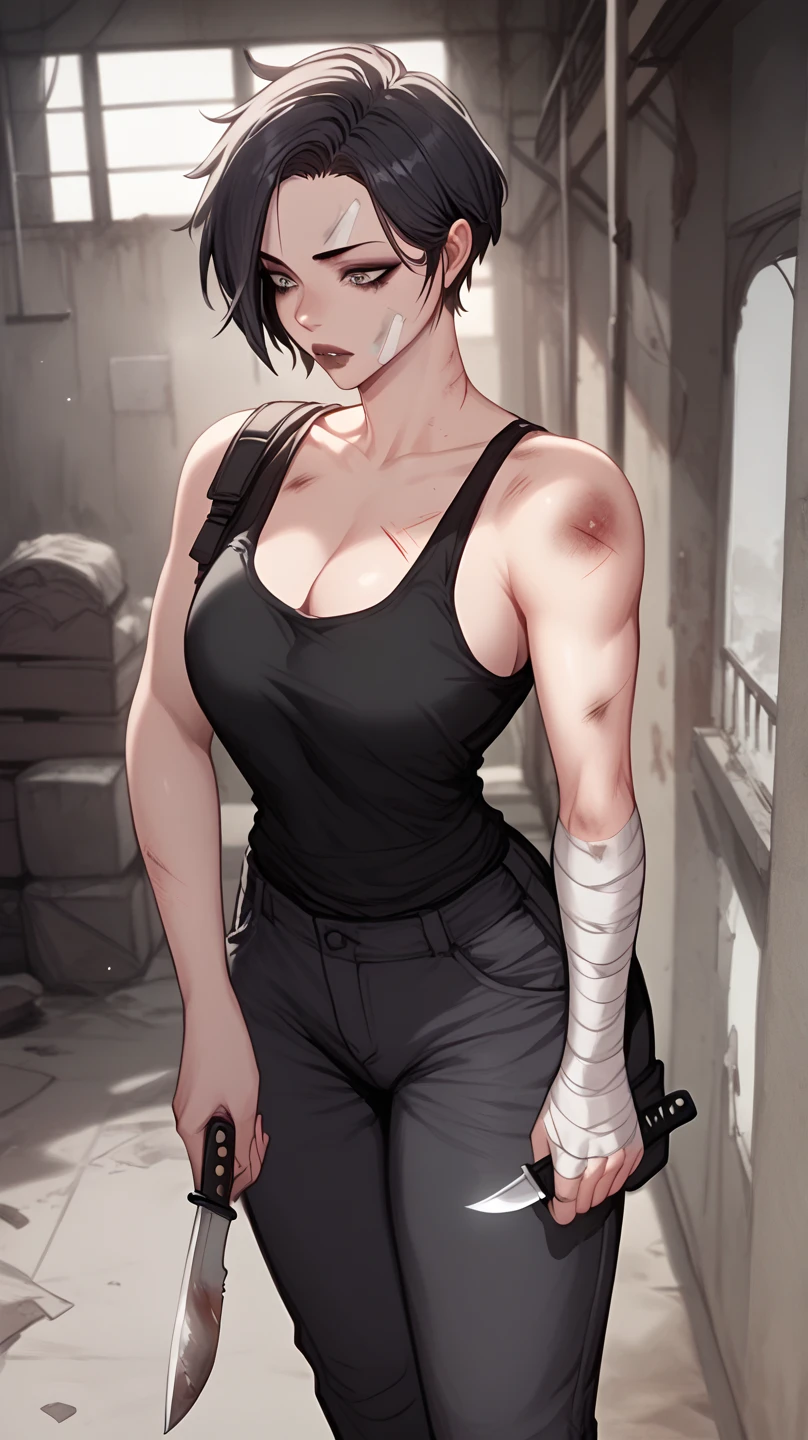 A mean looking female zombie killer, wearing a black tank top and black cargo pants, holding a knife, black short hair, inside an abandoned building, bandage on arm, bruises. 