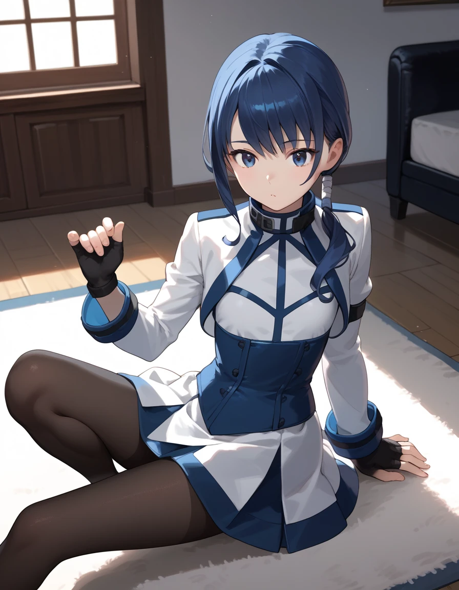 score_9, score_8_up, score_7_up, score_6_up, score_5_up, score_4_up, source_anime, flat chest, aamerry, long hair, low ponytail, blue hair, blue eyes, white short dress, long sleeves, fingerless gloves, black gloves, underbust, black pantyhose, on floor, indoors, :o, carpet, white lace panties,