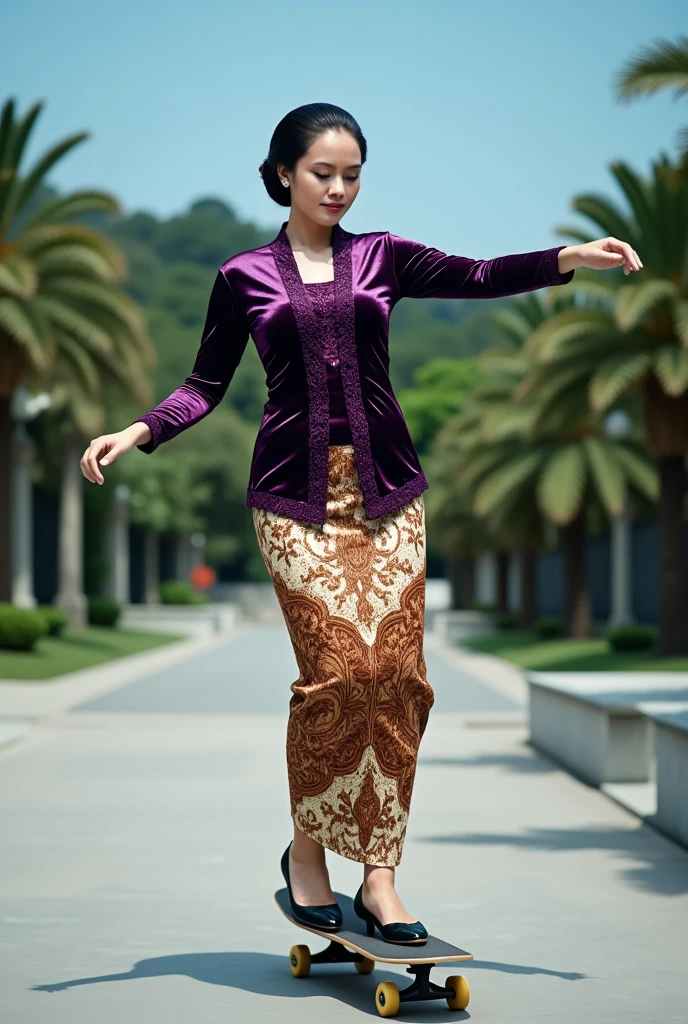 a beautiful young beautiful woman playfully skateboarding perform freestyle trick in a skatepark setting. She is wearing an intricate dark purple glossy satin kebaya with lace embroidery patterns along the front and sleeves, paired with a traditional brown and cream batik thigh skirt with complex floral and geometric designs. Her hair is styled in a neat and polished low bun with a center part, and she has a calm. She is wearing vans sneakers. The background consists of a tropical garden park under blue sky atmosphere. The overall image has realistic detailing, soft shadows, and vibrant color contrast.
