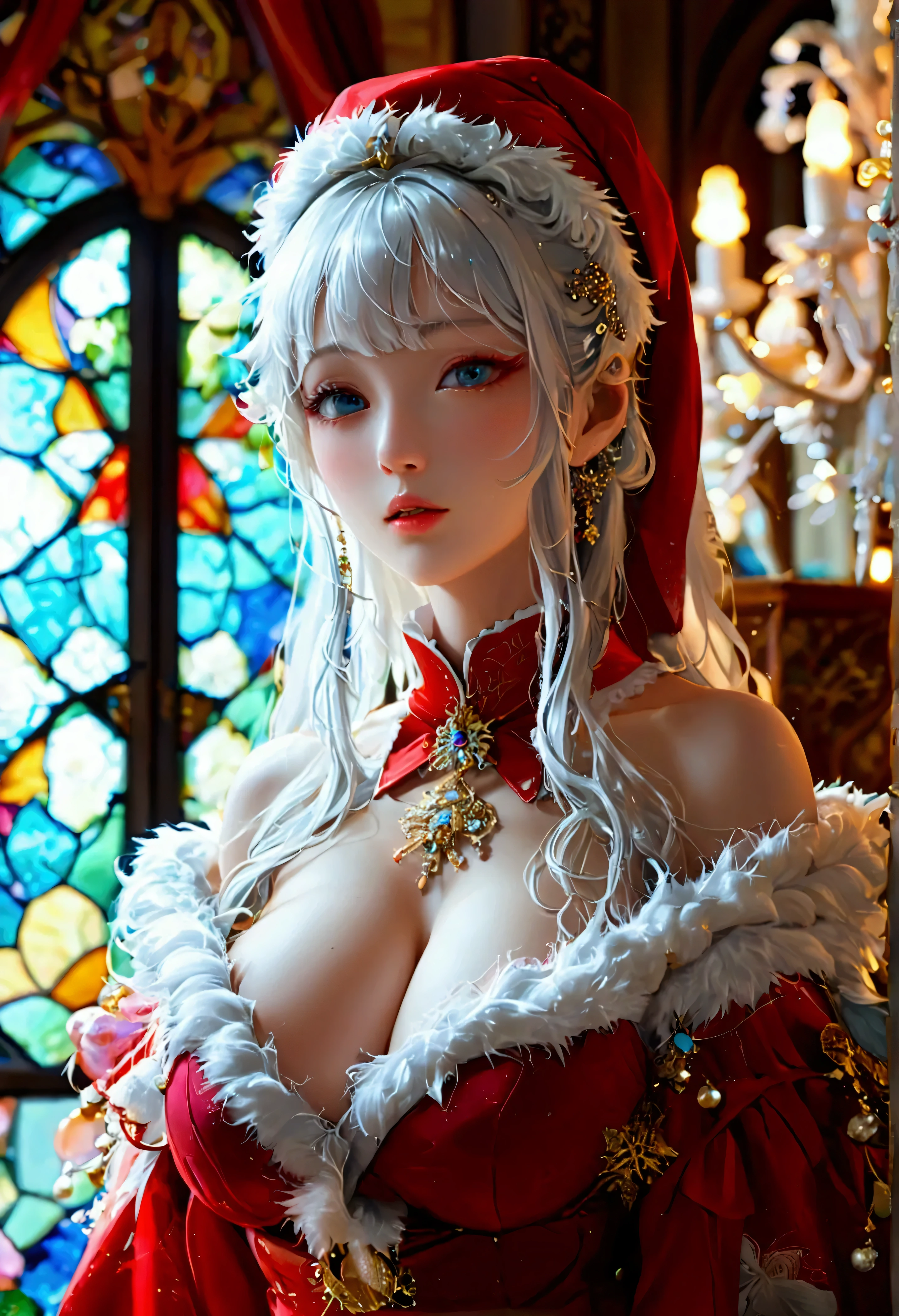 Highest quality, Super quality, 16K, Incredibly absurd, Very detailed, 2.5D, delicate and dynamic, palace, Stained glass, chandelier, Complex Light, , , , Small face, Extremely delicate facial expression, Delicate eye depiction, Extremely detailed hair, (full body photo:1.3), erotic, sole sexy Japanese lady, healthy slim body, 22 years old lady, emperor,  ((large breasts:1.2), (huge breasts:1.2), (Uplifted and well-defined bust:1.2), (lifted chest:1.2), (perky breasts :1.2),(deep cleavage:1.4),, white silver long hair, sexy long legs, Glowing Skin, Soft Skin, wearing a christmas costume, A complex costume, Costumes in complex colors, Are standing, 