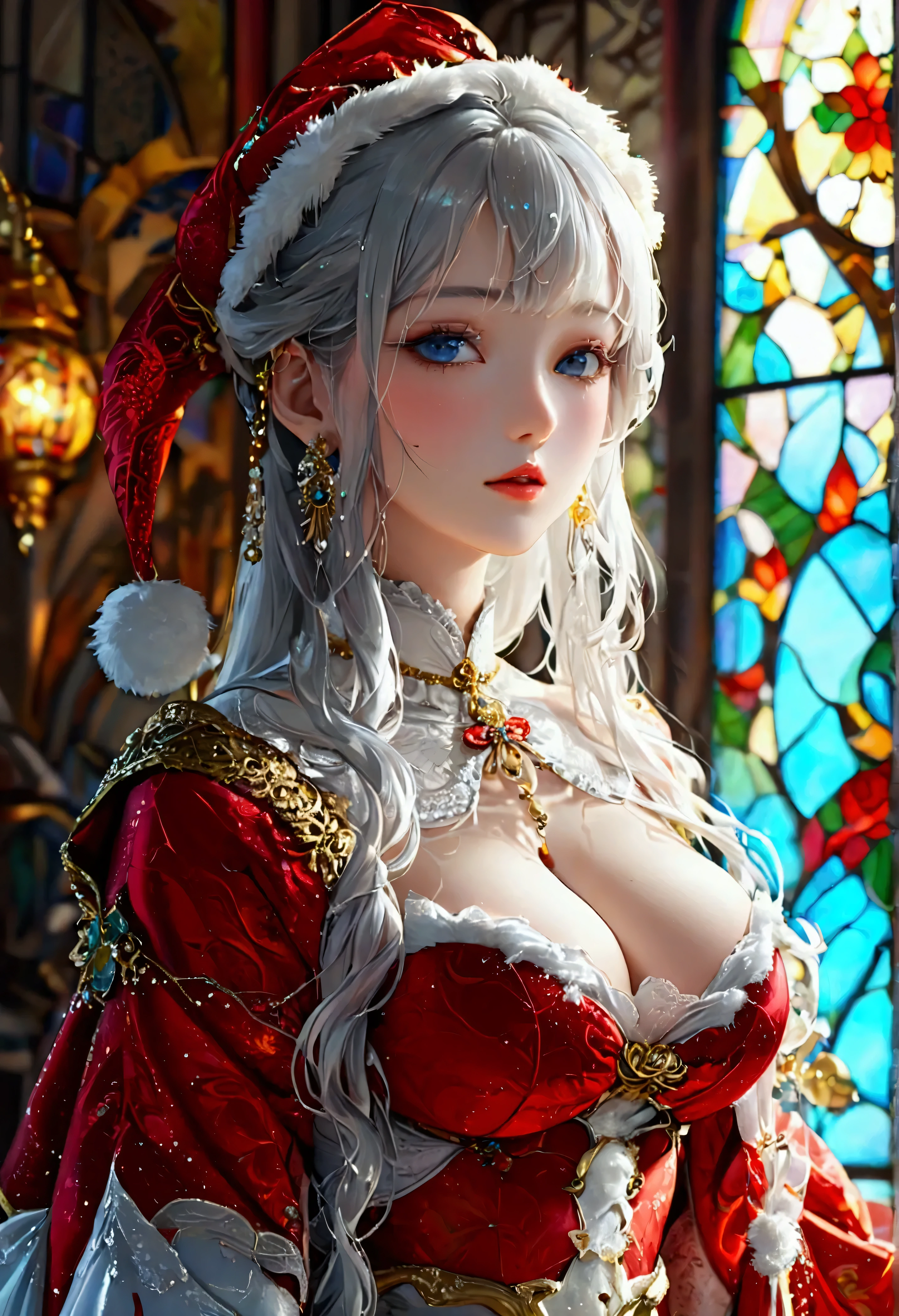 Highest quality, Super quality, 16K, Incredibly absurd, Very detailed, 2.5D, delicate and dynamic, palace, Stained glass, chandelier, Complex Light, , , , Small face, Extremely delicate facial expression, Delicate eye depiction, Extremely detailed hair, (full body photo:1.3), erotic, sole sexy Japanese lady, healthy slim body, 22 years old lady, emperor,  ((large breasts:1.2), (huge breasts:1.2), (Uplifted and well-defined bust:1.2), (lifted chest:1.2), (perky breasts :1.2),(deep cleavage:1.4),, white silver long hair, sexy long legs, Glowing Skin, Soft Skin, wearing a christmas costume, A complex costume, Costumes in complex colors, Are standing, 