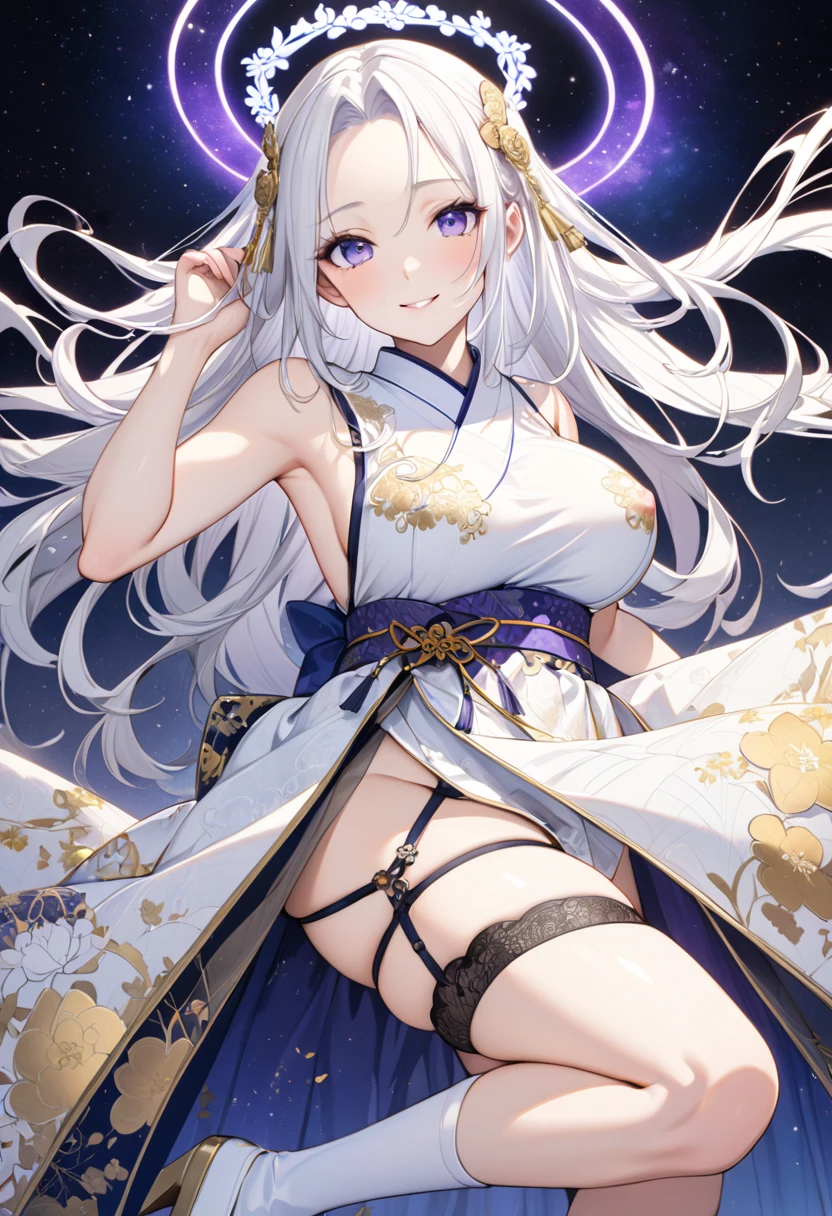 Fresh illustration,
Ultra-fine drawing,
Top quality,
Very delicate illustration,
Very fine details,
Beautiful charming anime woman,
Enchanting anime girl,
Super detailed,
Beautiful and sophisticated,
Illustration of a girl,
Full body,
Height 158cm,
Sexy pose,
Fair skin,
Right eye is blue,
Left eye is purple,
Odd eye,
Heterochromie iris,
Large black pupil,
Beautiful eyes,
Super long hair,
Shiny hair,
White hair,
Forehead is protruding,
Cute face,
Pretty face,
A shining angel halo on the back of the head,
Lowered eyebrows,
Smiling,
Upper body is kimono,
Upper body is Japanese clothing,
Overall white clothes,
Lower body is Chinese dress,
Obi color is black,
Tasteful embroidery with gold thread,
Clothes with high quality texture,
Big breasts,
Thong,
Garter belt,
Stockings,
Thigh straps ,
Thigh straps digging into skin,
White long boots,
Japanese-style toes,
Thin waist,
Thick thighs,
Isometric,
Golden ratio,
Divine atmosphere,
Wearing an indigo-collared inner,
Outer space,
Multiple galaxies,
Countless small stars,
Tactical use of shadows,
Free pose,
Sexy pose,
Exposing skin,
Erotic pose,
Adult pose,
Lewd outfit,
Pervert,
Clothes are see-through, revealing pink nipples and pussy