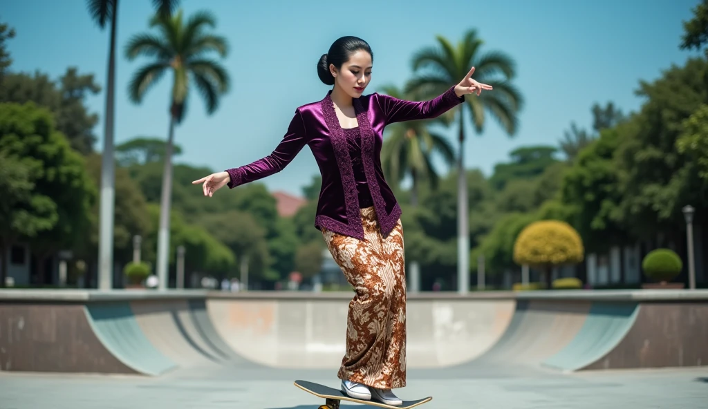 a beautiful young beautiful woman playfully skateboarding perform freestyle trick in a skatepark setting. She is wearing an intricate dark purple glossy satin kebaya with lace embroidery patterns along the front and sleeves, paired with a traditional brown and cream batik thigh skirt with complex floral and geometric designs. Her hair is styled in a neat and polished low bun with a center part, and she has a calm. She is wearing vans sneakers. The background consists of a tropical garden park under blue sky atmosphere. The overall image has realistic detailing, soft shadows, and vibrant color contrast.
