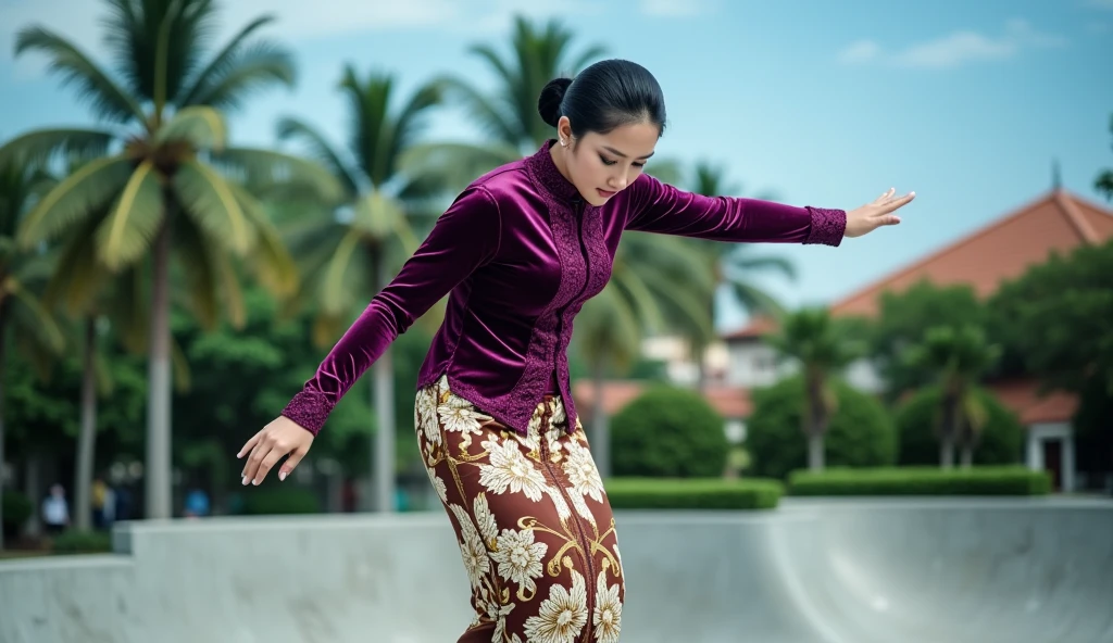 a beautiful young beautiful woman playfully skateboarding perform freestyle trick in a skatepark setting. She is wearing an intricate dark purple glossy satin kebaya with lace embroidery patterns along the front and sleeves, paired with a traditional brown and cream batik thigh skirt with complex floral and geometric designs. Her hair is styled in a neat and polished low bun with a center part, and she has a calm. She is wearing vans sneakers. The background consists of a tropical garden park under blue sky atmosphere. The overall image has realistic detailing, soft shadows, and vibrant color contrast.
