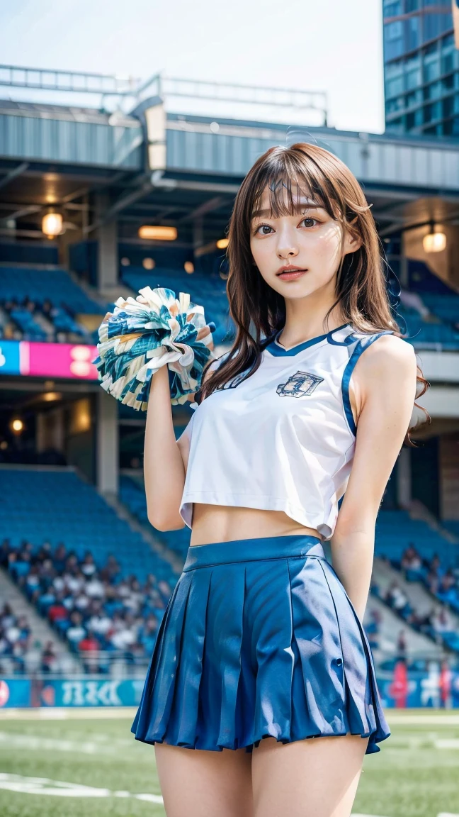 best quality, masterpiece, 1girl, asian, cheerleader, blue uniform, waving to crowd, upper body