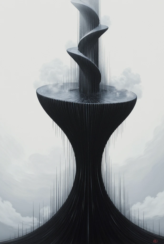 masterpiece, style,only use two-color abstract painting in ( dark black) and ( dark gray ), jet black tower shaped like an hourglass ,Stonework,Tower without roof ,Upside down spiral staircase , Countless columns like metal spines pierce the sky, The middle floor of the tower is blocked by clouds , high image quality, Minimalism  