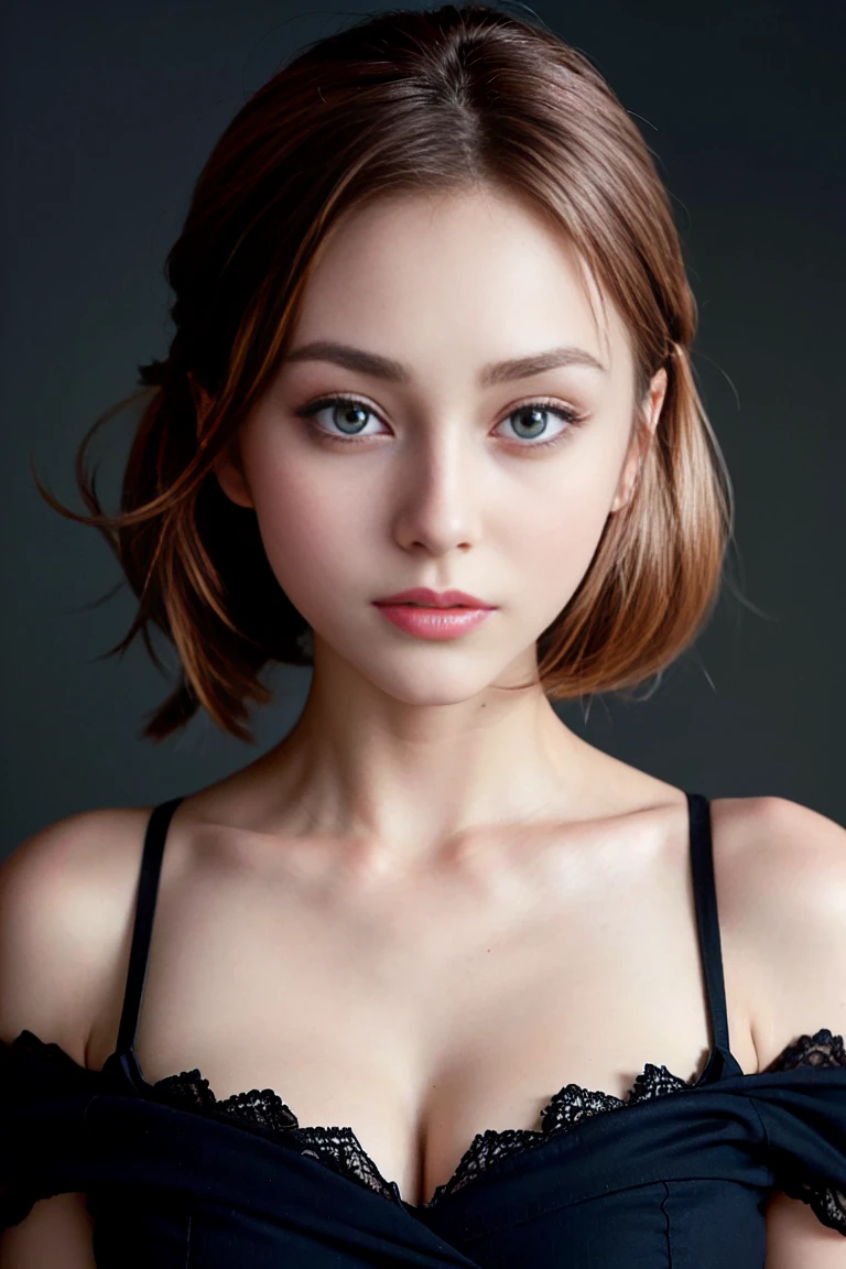 Portrait of cute girl with perfect beautiful face、Czech、bra very、panties on、double-breasted、big eye、proud、breasts are small、teats、Glows(Dark private research、Dark moody light:1.2)