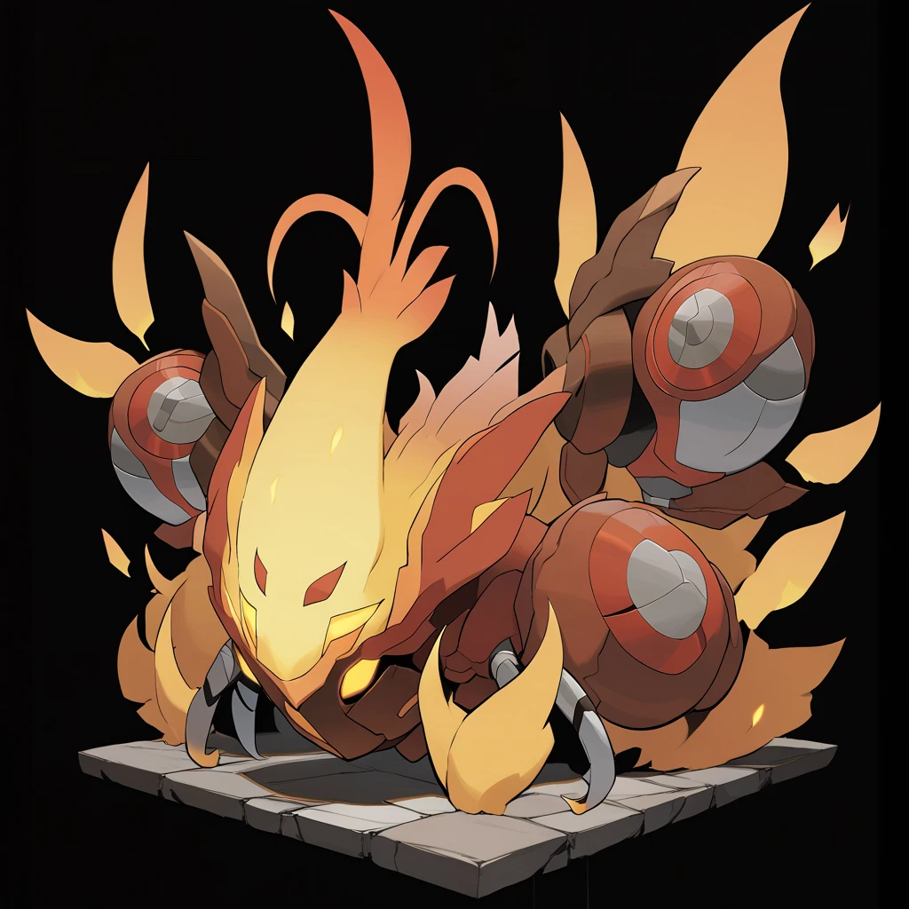 Type: flame,Egg Group: No eggs discovered, beast,  is a pokemon creature that It has a series of Brown pouches along its sides that inflate to display dominance or during courtship rituals,The creature's gaze can cast a Silver reflection on surfaces capturing its mood and essence,The creature can emit a yellow (orange:0.8) glow from the tips of its antennae, The creature's claws are retractable and sharp enough to cut through steel,It has a patch of fur on its chest that shimmers with a Red hue symbolizing its heart's purity score_9, score_8_up, score_7_up, score_6_up, score_5_up, score_4_up.  Simple black background, (Masterpiece:1.3) (best quality:1.2) (high quality:1.1)