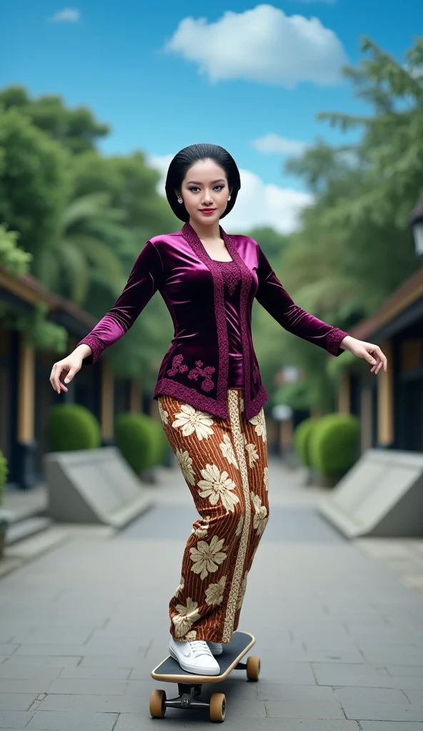 a beautiful young beautiful woman playfully skateboarding perform freestyle trick in a skatepark setting. She is wearing an intricate dark purple glossy satin kebaya with lace embroidery patterns along the front and sleeves, paired with a traditional brown and cream batik thigh skirt with complex floral and geometric designs. Her hair is styled in a neat and polished low bun with a center part, and she has a calm. She is wearing vans sneakers. The background consists of a tropical garden park under blue sky atmosphere. The overall image has realistic detailing, soft shadows, and vibrant color contrast.
