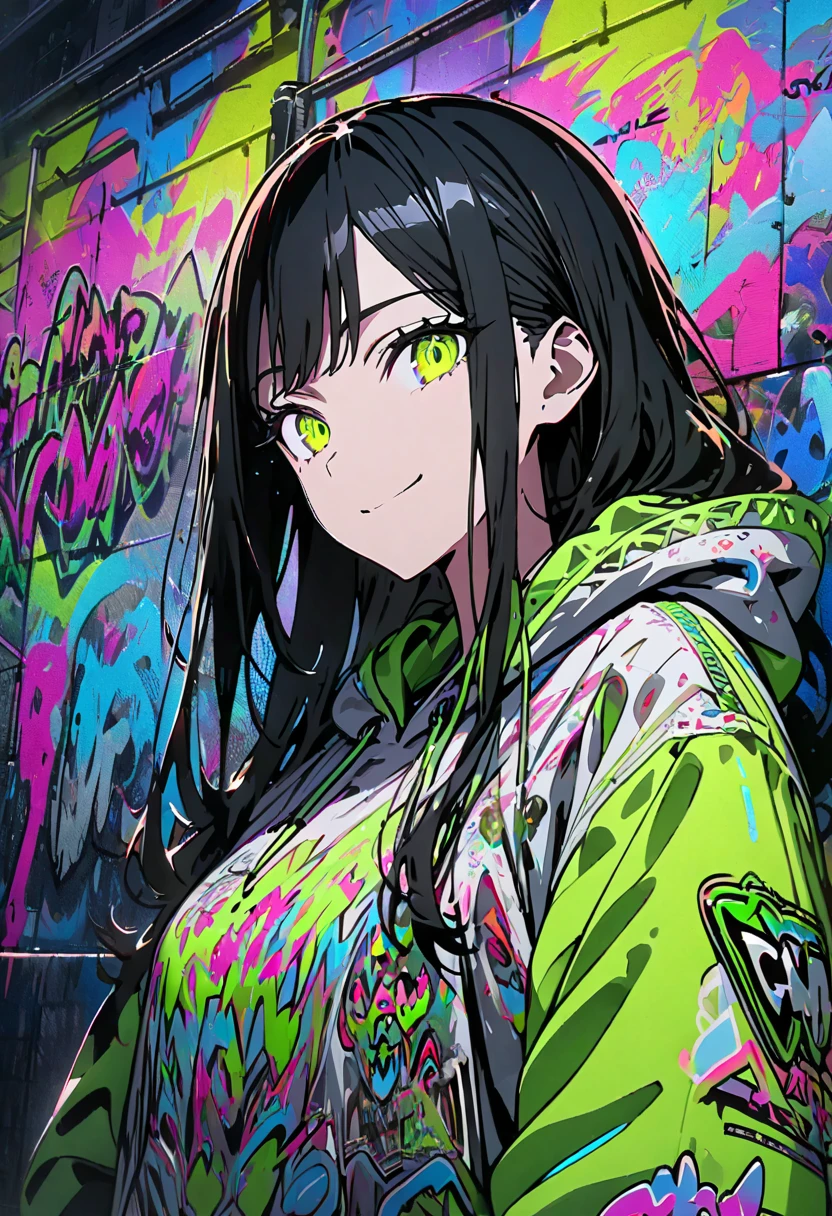 masterpiece,  top quality, 8k, detailed background, masterpiece,  top quality, smile,  ornament,  hoodie, Portraiture,  neon green, graffiti, dark, night, Shining Eyes,  black light ,Shiranuhi frill 