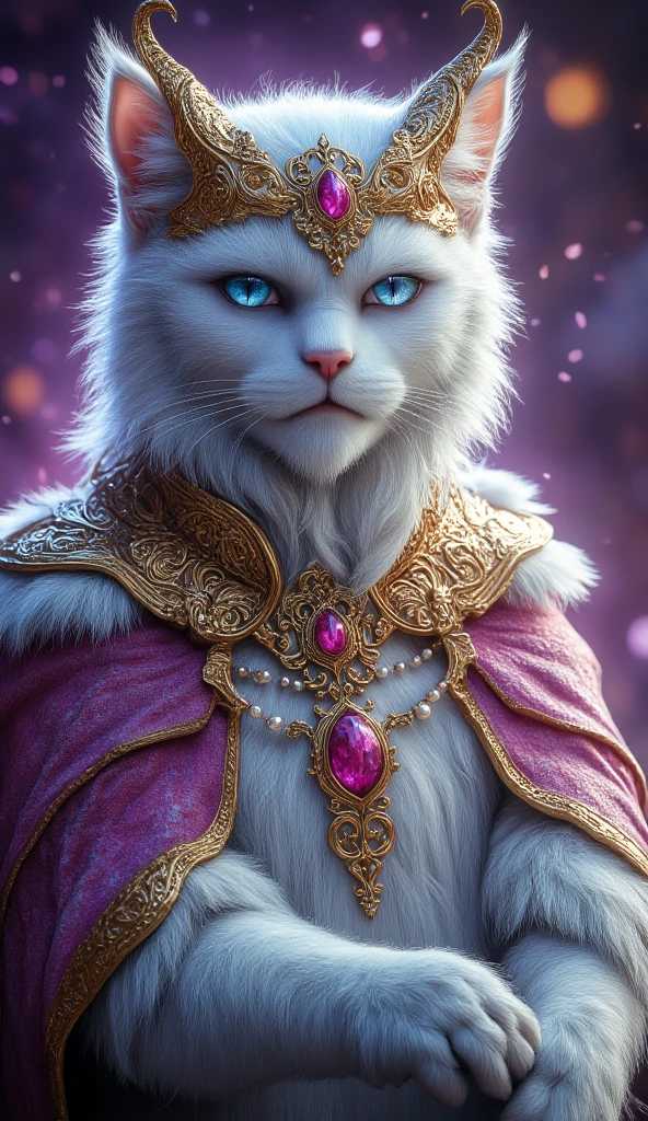 realistic cat,  features a fluffy white cat with piercing blue eyes, adorned in elaborate royal accessories. The cat wears an ornate golden crown, encrusted with large, vibrant pink gemstones, smaller red and white jewels, and a prominent pearl at the center.

Additionally, the cat is dressed in a regal necklace and golden armor-like adornments intricately designed with swirls, pearls, and gemstone embellishments. A matching golden headpiece rests on one ear, complementing the overall regal aesthetic.

Pearl strings elegantly drape around the cat's paws and body, enhancing its majestic, luxurious appearance. The background features a glowing purple gradient with star-like sparkles, further emphasizing the fantasy and royalty theme. The cat's serene and confident expression completes the portrait of a majestic, jewel-clad feline ruler.

