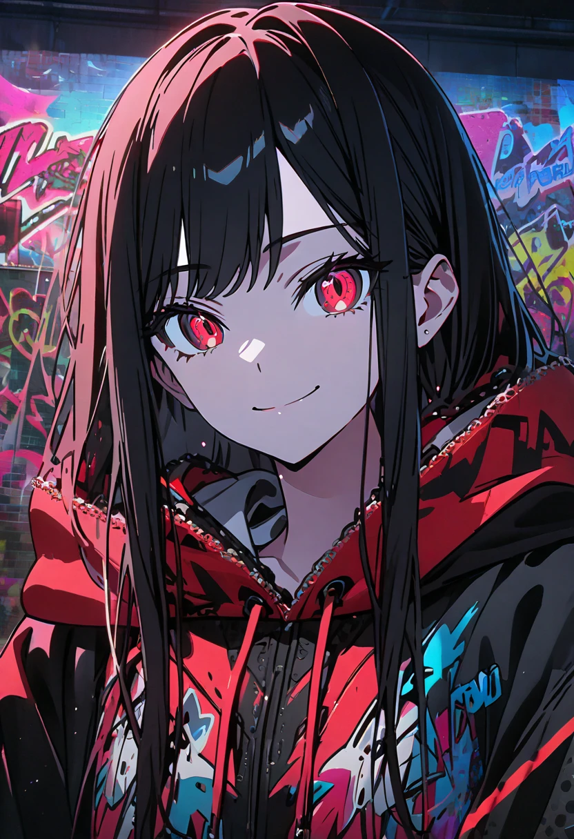 masterpiece,  top quality, 8k, detailed background, masterpiece,  top quality, smile,  ornament,  hoodie, Portraiture, Neon Red, graffiti, dark, night, Shining Eyes,  black light ,Shiranuhi frill 