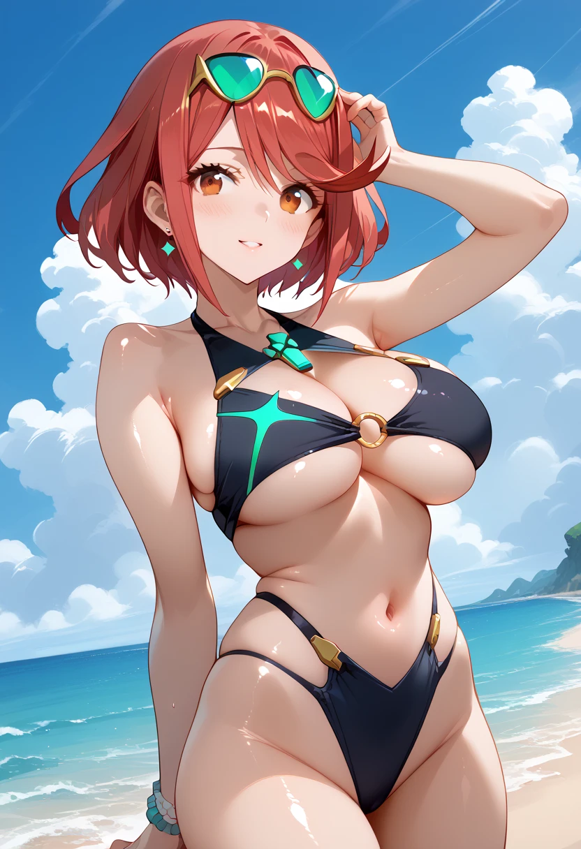 pyra \(xenoblade\), 1girl, red hair, short hair, swept bangs, bob cut, red eyes, source_anime, masterpiece,best quality, huge breasts, gyaru, ruanyi0832,((eyewear on head)),o-ring,shiny skin,swimsuit,cowboy shot,underboob, beach, day