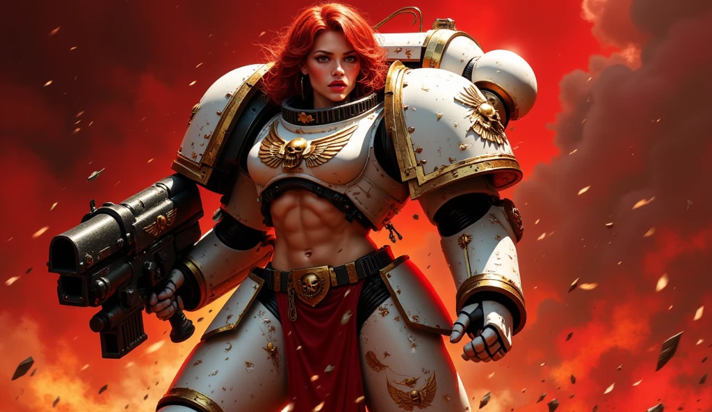  realistic, WhiteS40k female with huge bulky suit space marine holding a huge gun , shouting, red hair, armored in white and red, pelvic curtain, thighs, warhammer 40k, beautiful eyes, blush, looking at viewer, bright particles, darkness, bright red particles, red background fire