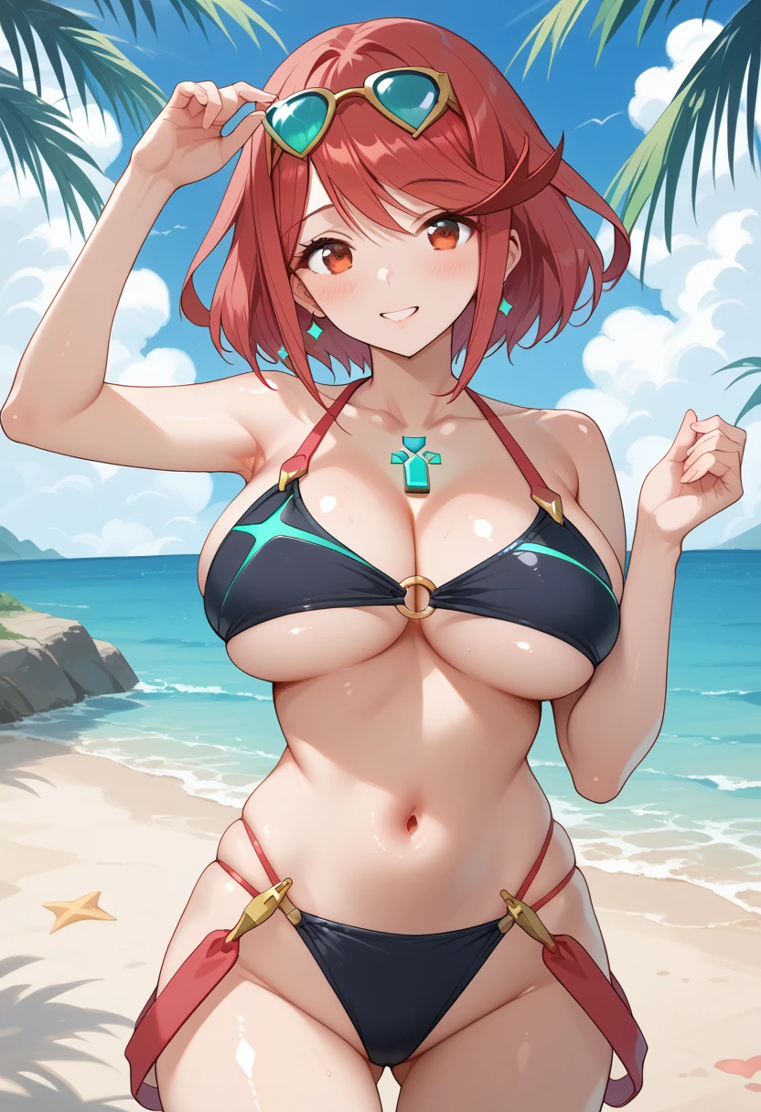 pyra \(xenoblade\), 1girl, red hair, short hair, swept bangs, bob cut, red eyes, source_anime, masterpiece,best quality, huge breasts, gyaru, ruanyi0832,((eyewear on head)),o-ring,shiny skin,swimsuit,cowboy shot,underboob, beach, day