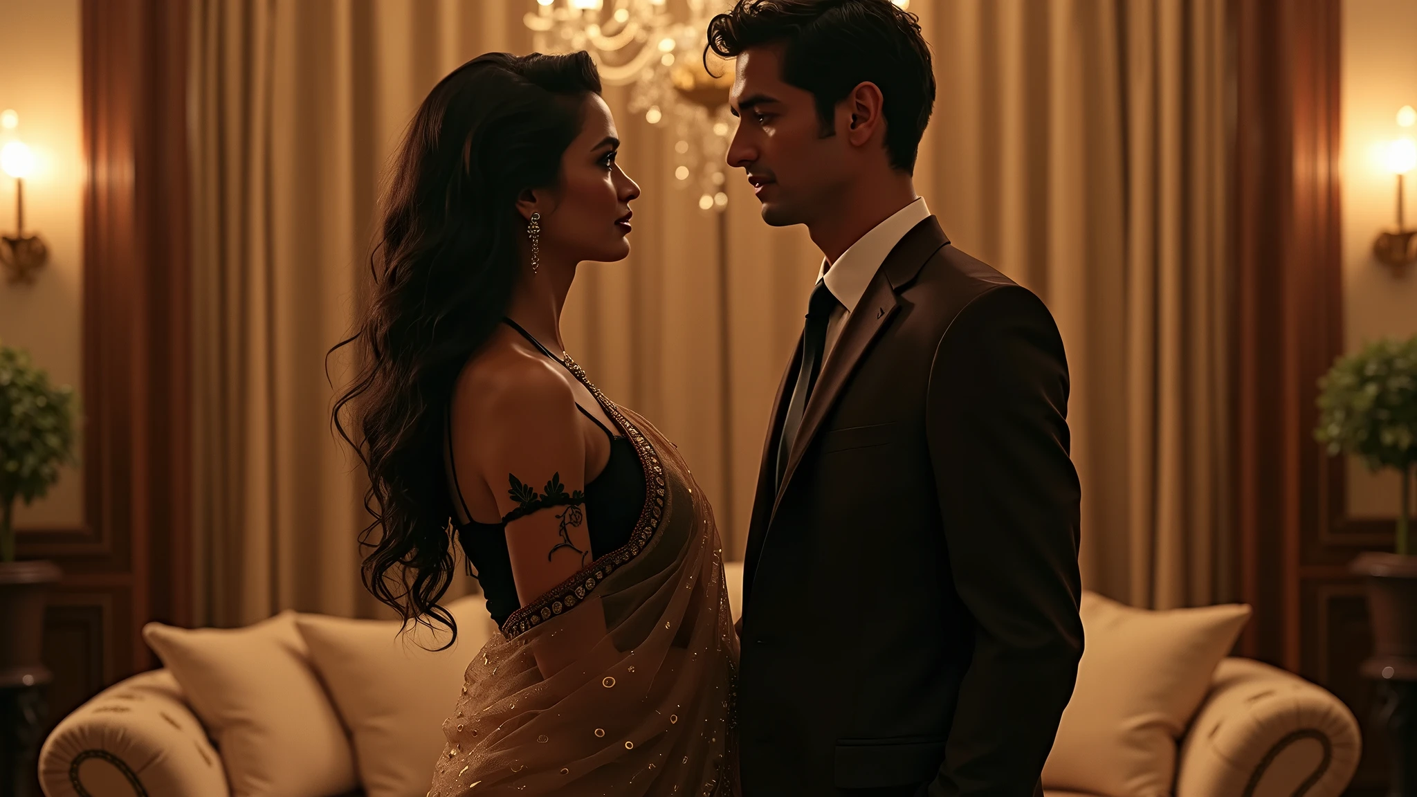 I want a business man in three piece suit without a blazer sitting in a dark room was kissed by a beautiful girl in green net saree with free hair and 3/4th net blouse. She was sitting in his laps. He was shocked. His eyes are only visible. Her face is also not visible only her back view is visible 