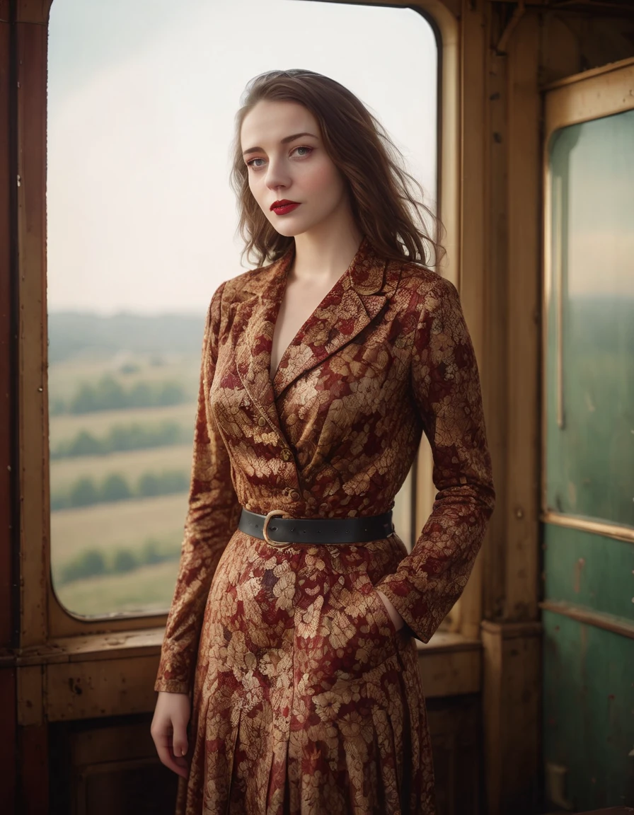 woman, On a vintage steam train, with the landscape blurring past and the charm of yesteryear all around, a cinematic photo captures a journey through time. Full body shot focus, Photorealistic portrait in breathtaking detail, photo scanned at ultra-high resolution, inspired by Helmut Newton and Peter Lindbergh. Warm, nostalgic light, historical train interior backdrop, an expression of wistful exploration, matte red lips, hair styled in loose, vintage curls, wearing a 1940s inspired dress, a leather belt cinching the waist, and classic Mary Jane shoes, evoking the romance of travel's golden age. 35mm photograph, film, bokeh, professional, 4k, highly detailed., closeup, realistic, woman, On a vintage steam train, with the landscape blurring past and the charm of yesteryear all around, a cinematic photo captures a journey through time. Full body shot focus, Photorealistic portrait in breathtaking detail, photo scanned at ultra-high resolution, inspired by Helmut Newton and Peter Lindbergh. Warm, nostalgic light, historical train interior backdrop, an expression of wistful exploration, matte red lips, hair styled in loose, vintage curls, wearing a 1940s inspired dress, a leather belt cinching the waist, and classic Mary Jane shoes, evoking the romance of travel's golden age. 35mm photograph, film, bokeh, professional, 4k, highly detailed., closeup, realistic