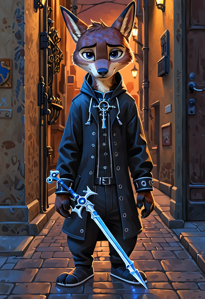 ズートピアの狐のmaleのニックが、I'm walking quietly through the streets of Zootopia at night 、 wears a shiny long black XIII engine hood、 from the XIII engine。 holding a keyblade in the Kingdom Hearts world 。She has a slightly sad face 。 High Quality Images 。Kingdom Hearts painting style 。male。