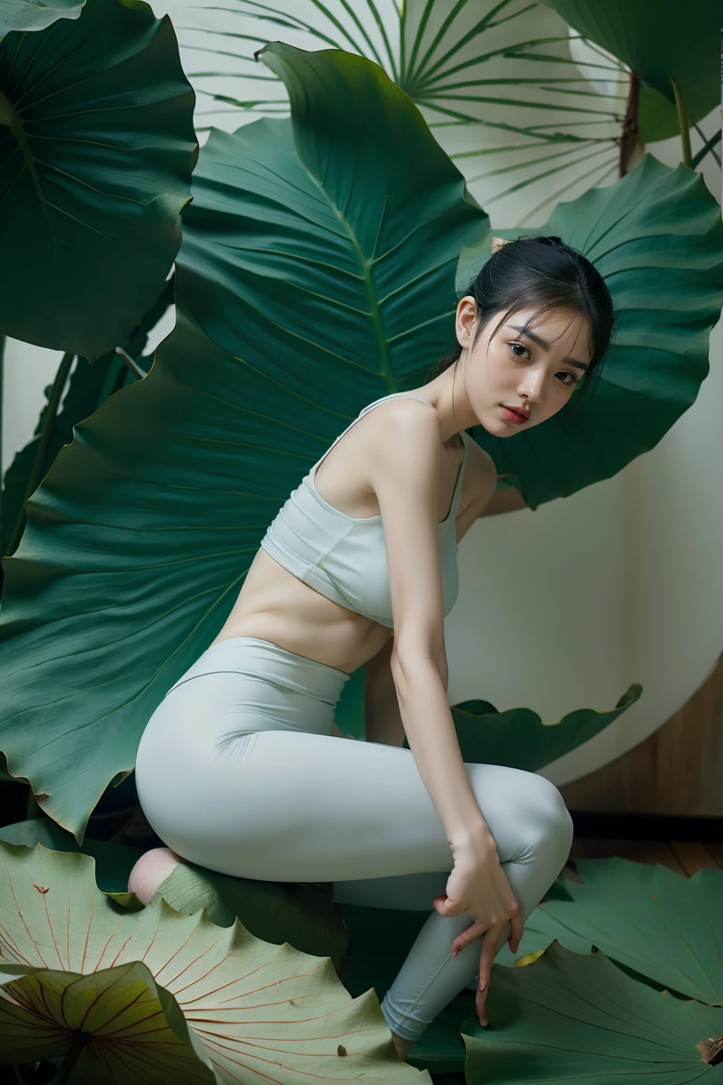 1girl, solo,（lotus），yoga pants，lotus leaf fairy，anatomically correct，Ultra-clear，masterpiece，3D，skin texture，realistic，Gorgeous clothing，yoga pants, stand