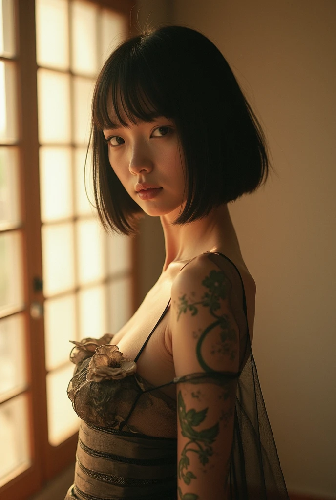 photorealistic, ((Black and White photography:1.6)), ((low-light photography:1.6)), best quality, masterpiece, full body view, view from the back, beautiful Korea naked actress Bae Doona looking herself in the mirror inside a dirty shabby dark room, ((Bae Doona realistic face:1.8)), ((very beautiful thin face, perfect detailed alluring eyes, very pointy nose, very sexy lips :1.3)), ((very horny face expression, very sensual smile :1.3)), ((pale white skin:1.5)), ((messy short hair:1.3)), ((very skinny body, six-pack abs, very skinny legs :1.3)), ((very very huge breast, areola protruding, very pointy nipples :1.3)), ((spreading legs very wide in front of the mirror:1.3)), ((exposing vagina and very dense pubic hair on the mirror:1.5)), ((very very dense pubic hair:1.5)), ((very very thick pubic hair:1.5)), ((very wide open vagina hole:1.3)), ((perfect body anatomy:1.3)), ((sensual dynamic pose:1.3)), (background is (a mirror inside a dirty shabby dark room:1.3)), ((the mirror shows the reflection of Bae Doona's naked body:1.8)), sensual photo of Bae Doona nudist erotically in front of a mirror in Black and White film color, ((dark lighting, lens flare, sharp focus :1.3)), photography concept of cheap Asian comfort girl, editorial erotic model photography, Playboy magazine editorial photo, fine art nude photography, 90's nude photography, award winning nude photography