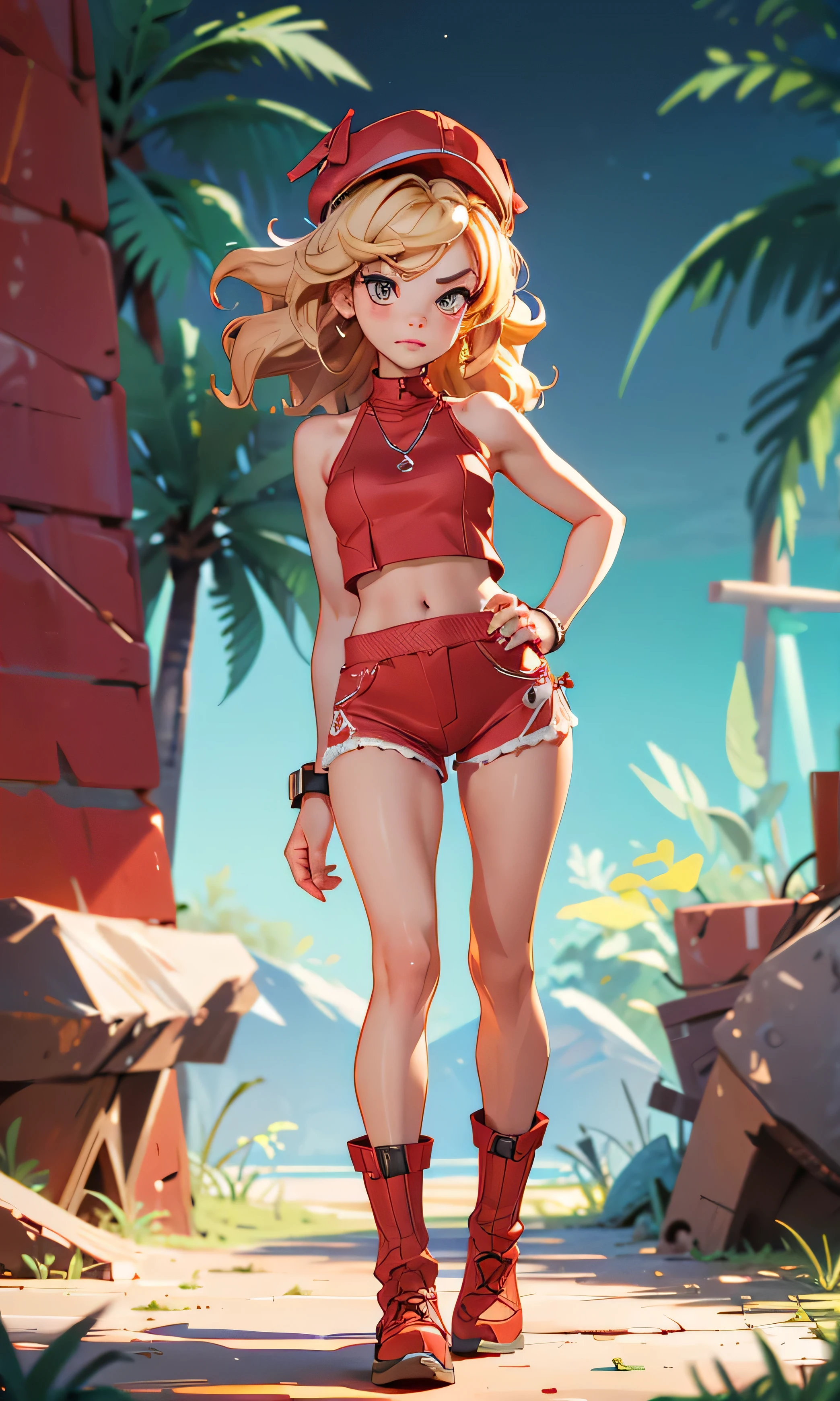 Masterpiece, a girl, beautiful, thin and small , skinny, head on, looking at the spectator, wavy hair , blond hair , brown eyes, arched eyebrows , Full body , pretty legs, abdomen plano, Kpop outfit , wool cap, Red micro top , Top short red, bare shoulders, neckline, Ripped top , red shorts, red winter boots, (((desnuda))), in the woods, dark sky, dry trees ,