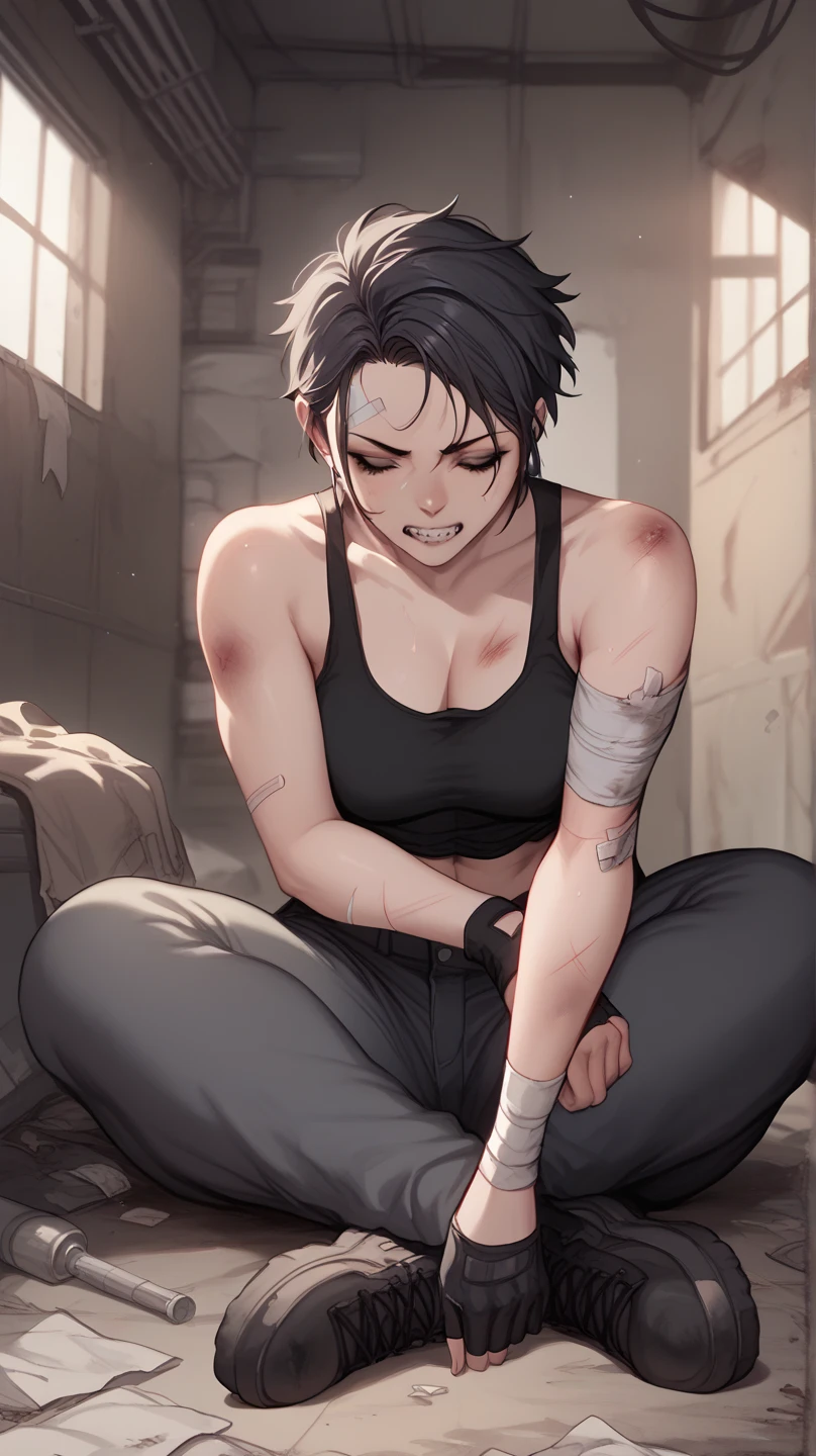 A mean looking female zombie killer, wearing a black tank top and black cargo pants, black short hair, inside an abandoned building, bandage on arm, bruises. Sitting on the ground. Grit teeth