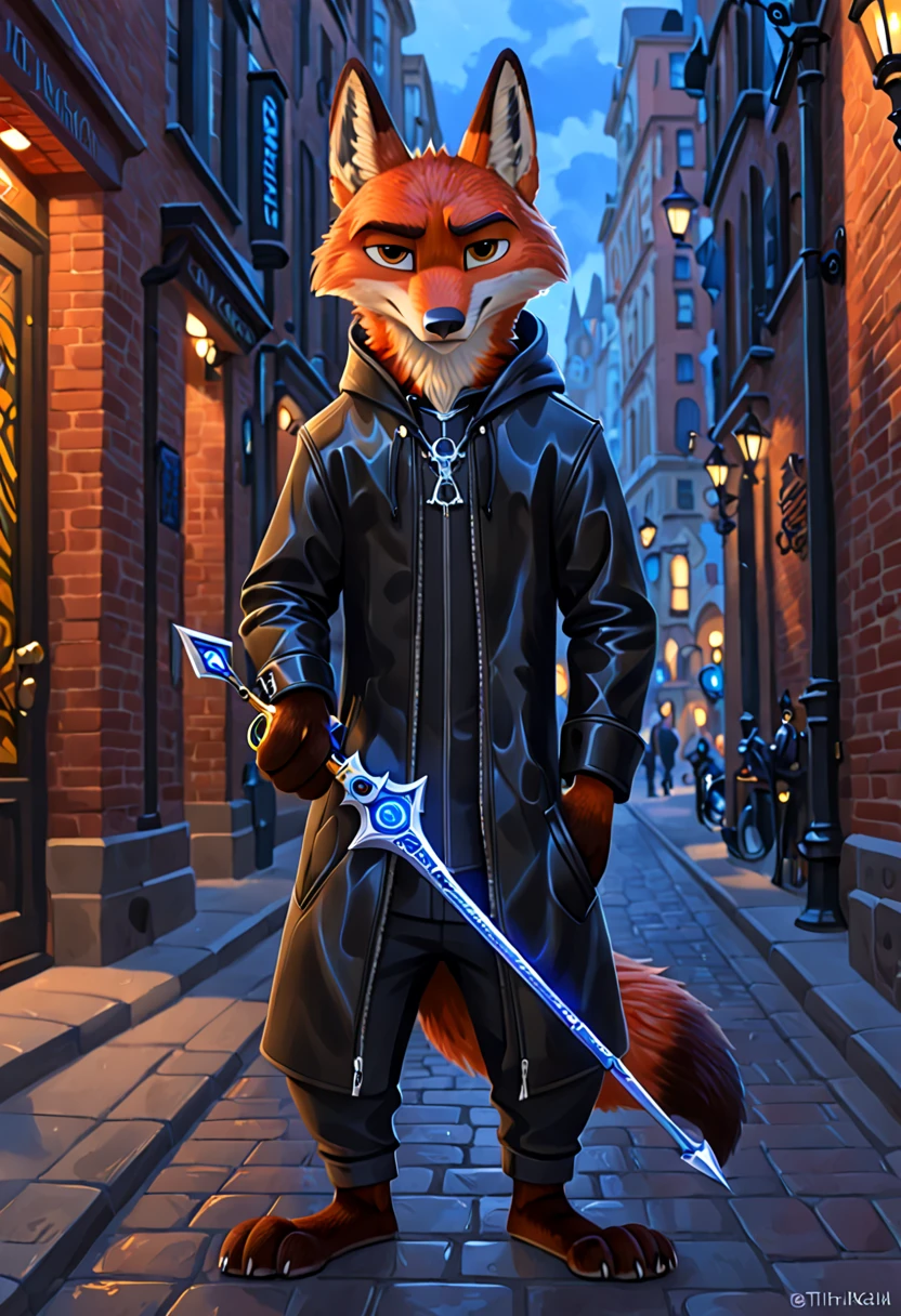 Nick, the fox man in Zootopia 、I'm walking quietly through the streets of Zootopia at night 、 wearing a shiny long black XIII engine hood、 from the XIII engine。 handsome。 holding a keyblade in the Kingdom Hearts world 。He has a serious face 。 High Quality Images 。Kingdom Hearts painting style 。