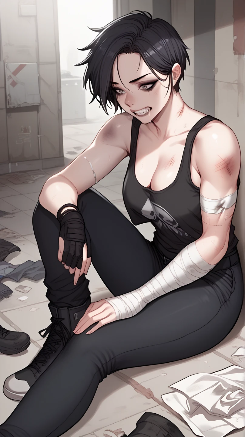 A mean looking female zombie killer, wearing a black tank top and black cargo pants, black short hair, inside an abandoned building, bandage on arm, bruises. Sitting on the ground. Grit teeth