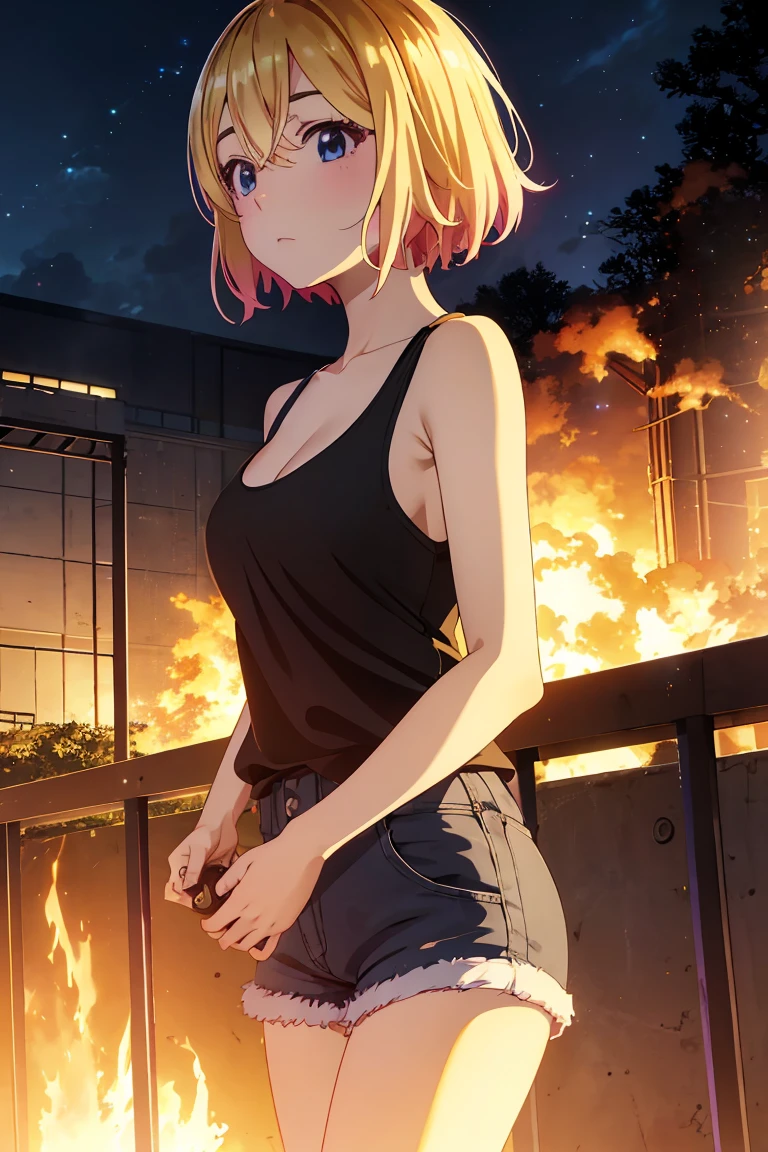 masterpiece, Highest quality anime illustrations, Super detailed,ultra high resolution、perfect lighting single girls, alone, Blonde、medium hair, anime , view at viewer, cleavage、 black tank top seen above、 sexy black shorts、 handgun、at night、 fence、Explosion and Flames 、Building on fire