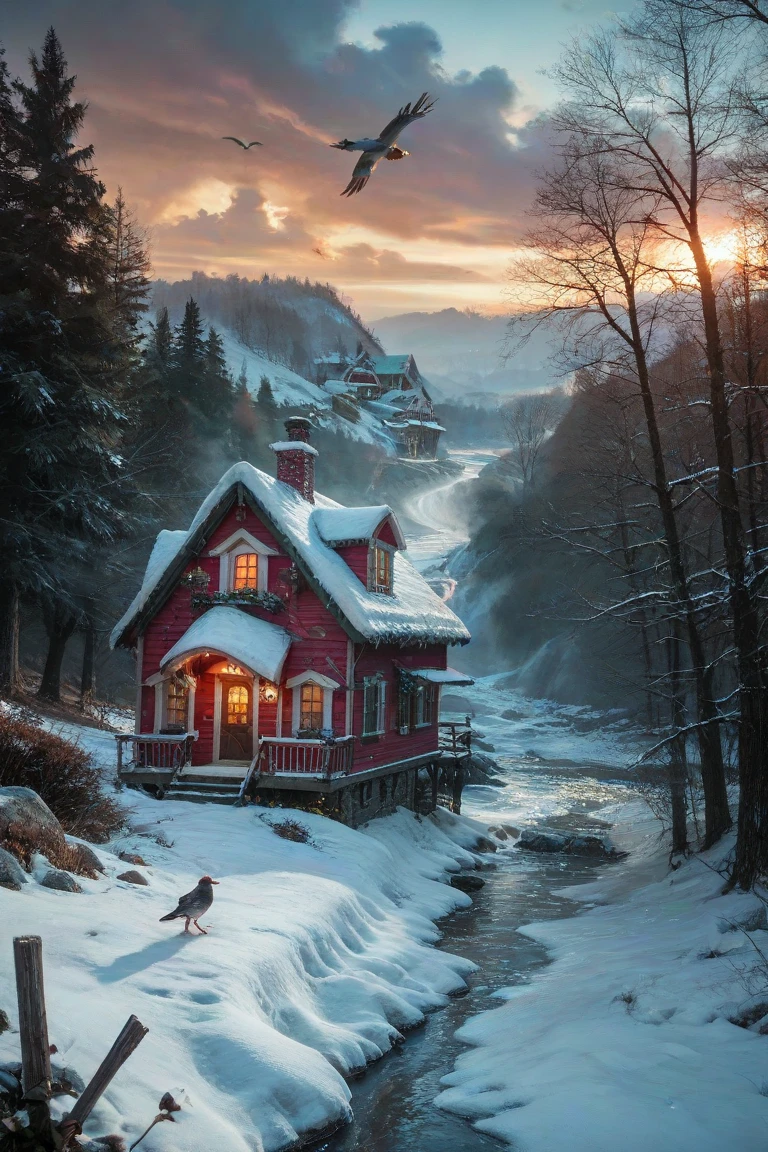A house in the village,Realistic shadows,wind blow,Birds in flight,Running River,winter, animal tracks in the snow, smoke from the house chimney ,twilight,you can see the light in the window