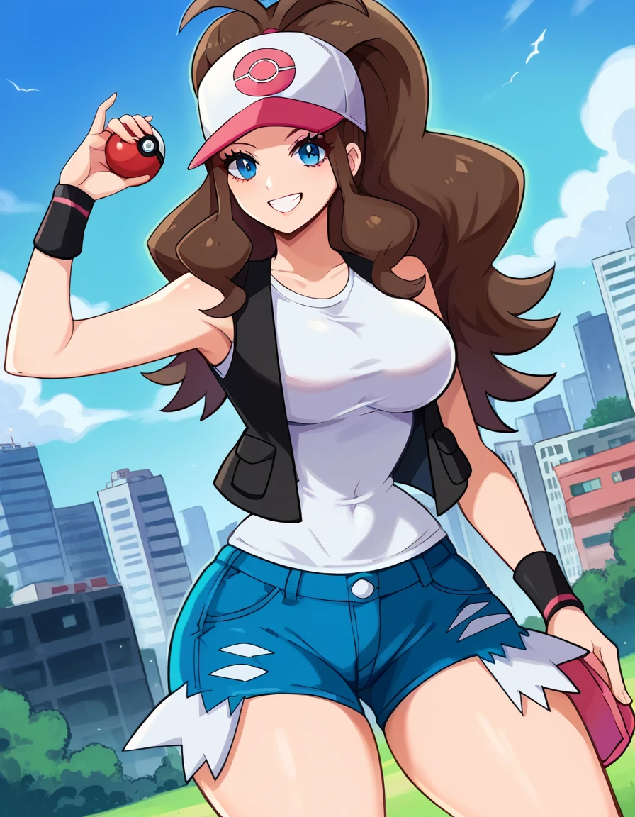 score_9, score_8_up, score_7_up, source_anime,
pokemonhilda, pokemonhilda, blue eyes, brown hair, long hair, ponytail, smile,
baseball cap, blue shorts, denim, hat, shorts, vest, wristband, sleeveless, black vest, white shirt, shirt,
outdoors, cityscape,
looking at viewer, dutch angle, cowboy shot, sexy, hot, busty, big boobs, tiny waist, sexy hips, hourglass figure, 