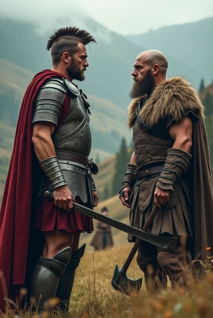 two mens, an 18 year old young man, short red hair , wearing jeans and a white t-shirt, lean, muscular body and red hair, and a young man with long white hair and a youthful appearance, around 30 years old, look like henry cavill, with animal leather pants, bare chest and holding a sword, walking through a 17th century village