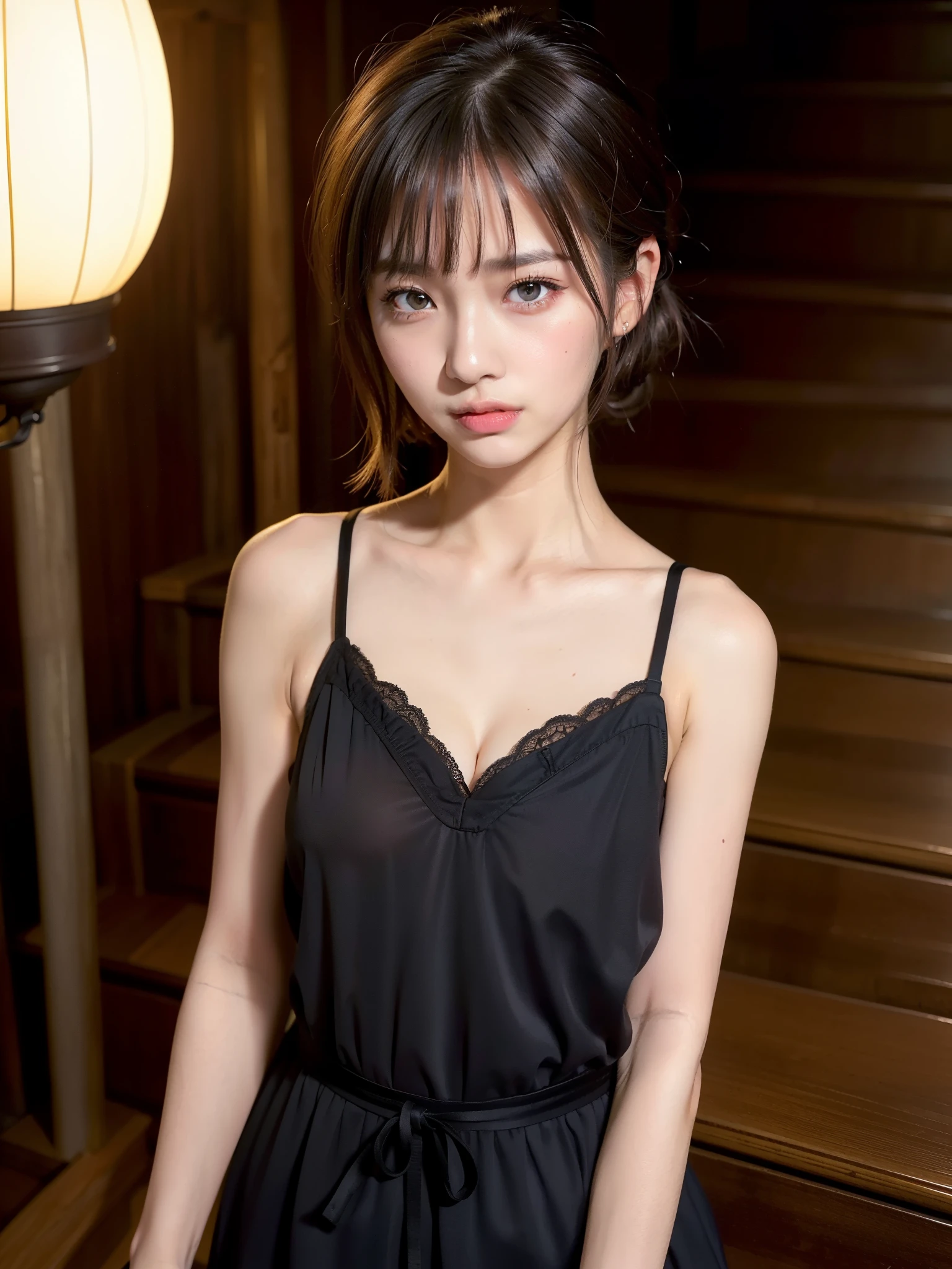 masterpiece, Highest quality, (Dark Photos:1.3), Realistic, One girl wearing a lace camisole, Flat bangs, A beautiful innocent symmetrical face, Emotional, Ulzzang, (Purelos Face_v1:0.7)