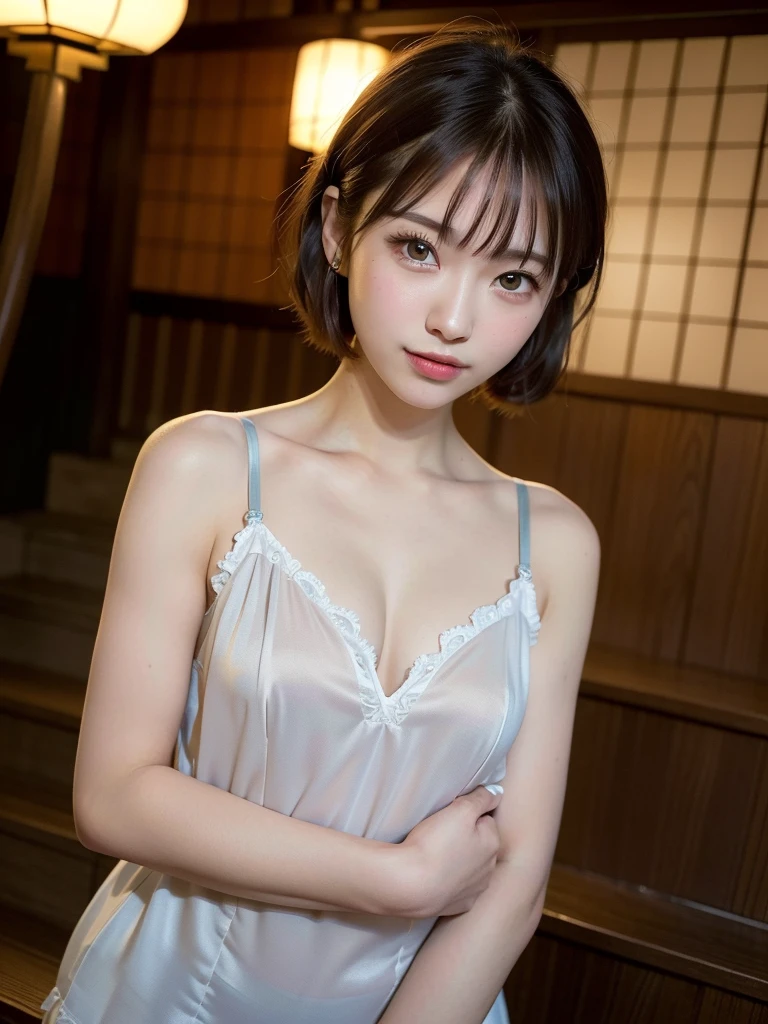 (table top:1.4、highest quality:1.4、best image quality:1.4、Beautiful adult woman full of charm with cute adult smile:1.4、beautiful teeth、lip gloss、brunette short bob hair、shiny and glossy hair、光沢のあるbangsを持っている:1.4、bangs:1.4、short shiny hair with long locks,,,,,,,、long neck:1.4、show me your ears、tall supermodel、Supermodel with broad shoulders、{Huge|big|Hugeな|mega} chest, Beautiful chest have cleavage)、(cute high school girl、off-shoulder white see-through shirt、Short plaid see-through pleated skirt、28 years old)、Very cute and attractive woman、bangs:2