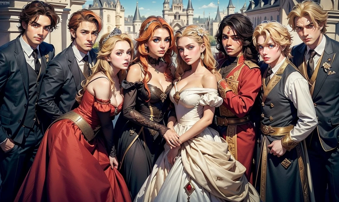 fantasy setting. close up. ((standing bunched in together:1.5)), ((two unique lovely princesses:1.5)), unique personalities, ((each with a unique expression on face:1.5)), (((each with a unique natural hair colored:1.5))), ((red hair)), ((blond hair)), ((black hair)), (((each with unique natural eye color:1.5))), wearing elaborate tasteful flowing floral gowns, ((looking straight at the camera:1.5)), pretty castle ruins background.
